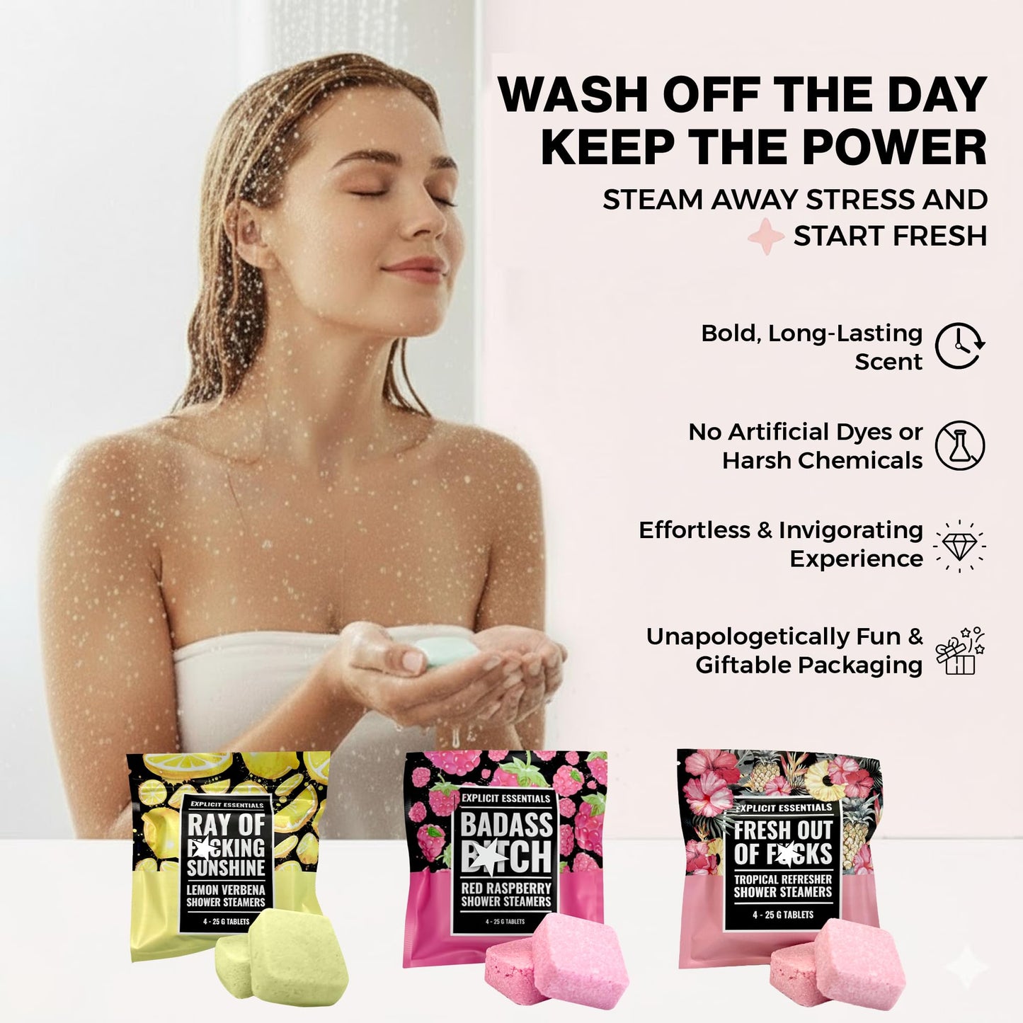 Explicit Essentials Shower Steamers Gift Set | 4 Funny Handmade Aromatherapy Shower Bombs | Relaxation & Stress Relief Spa Gift for Self-Care, Birthdays & Holidays