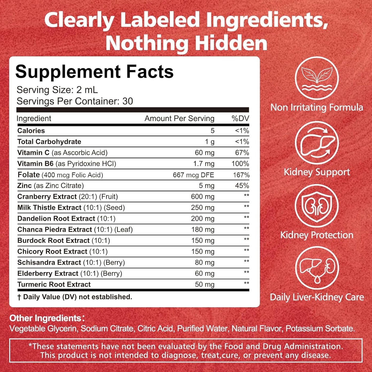 Kidney Cleanse & Liver Support Liquid Drops with Cranberry 20:1, Chanca Piedra & Milk Thistle, Herbal Supplement for Urinary Tract Support, Vegan, Sugar Free, 60 mL