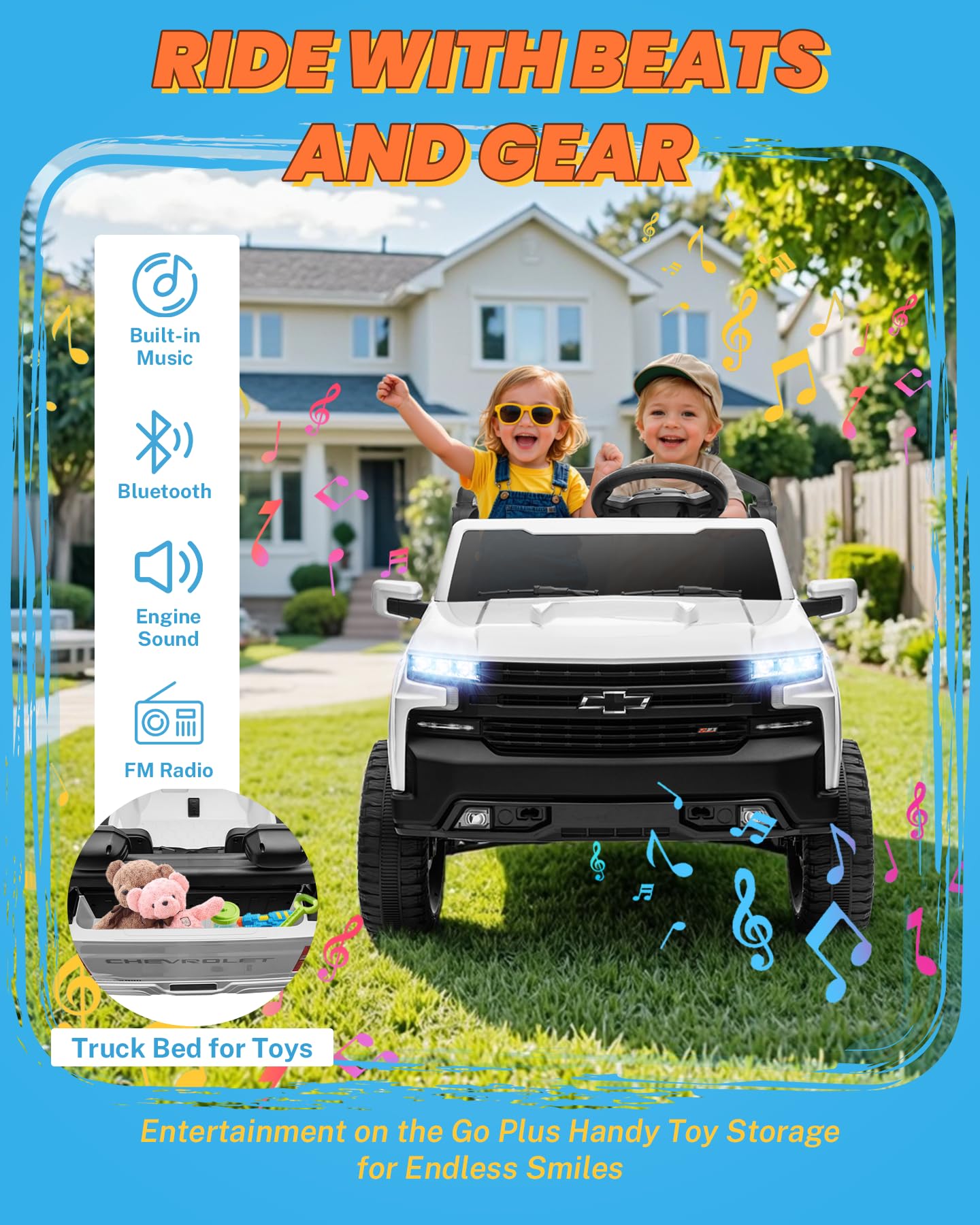 ENYOPRO 24V Ride on Toys, Licensed Chevrolet Silverado LT Trail Boss 2 Seater Ride on Car for Kids, Toddler Electric Car w/Remote Control, Safety Belt, Truck Bed Storage, LED Lights, Bluetooth, Black