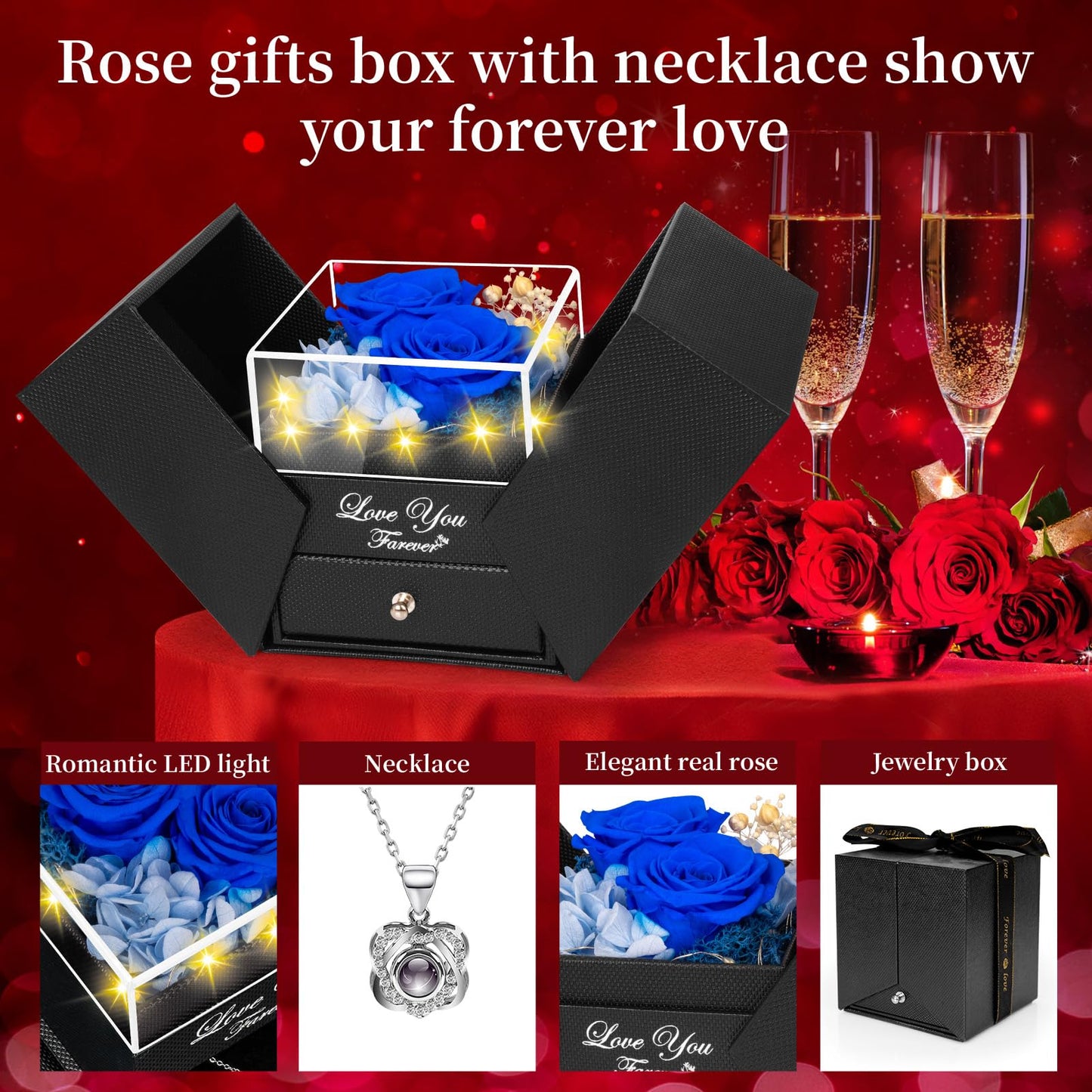 Preserved Sky Blue Real Rose with Heart I Love You Necklace -Eternal Flowers Rose Birthday Gifts for Women Her Mom Wife Girlfriend Grandma on Valentines Mothers Day Christmas Anniversary Romantic