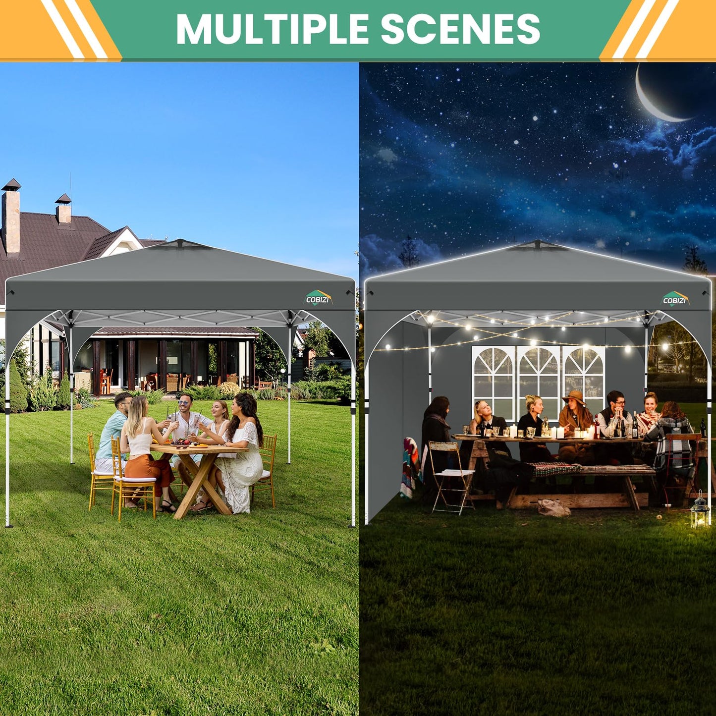 COBIZI 10x20 Pop Up Canopy Tent, Outdoor Party Tent with 4 Sidewalls, 1 Person Easy Set up, Tents for Parties with Fluorescent Strip & 4 Sandbags, Waterproof UPF50+, 3 Adjustable Height, Gray