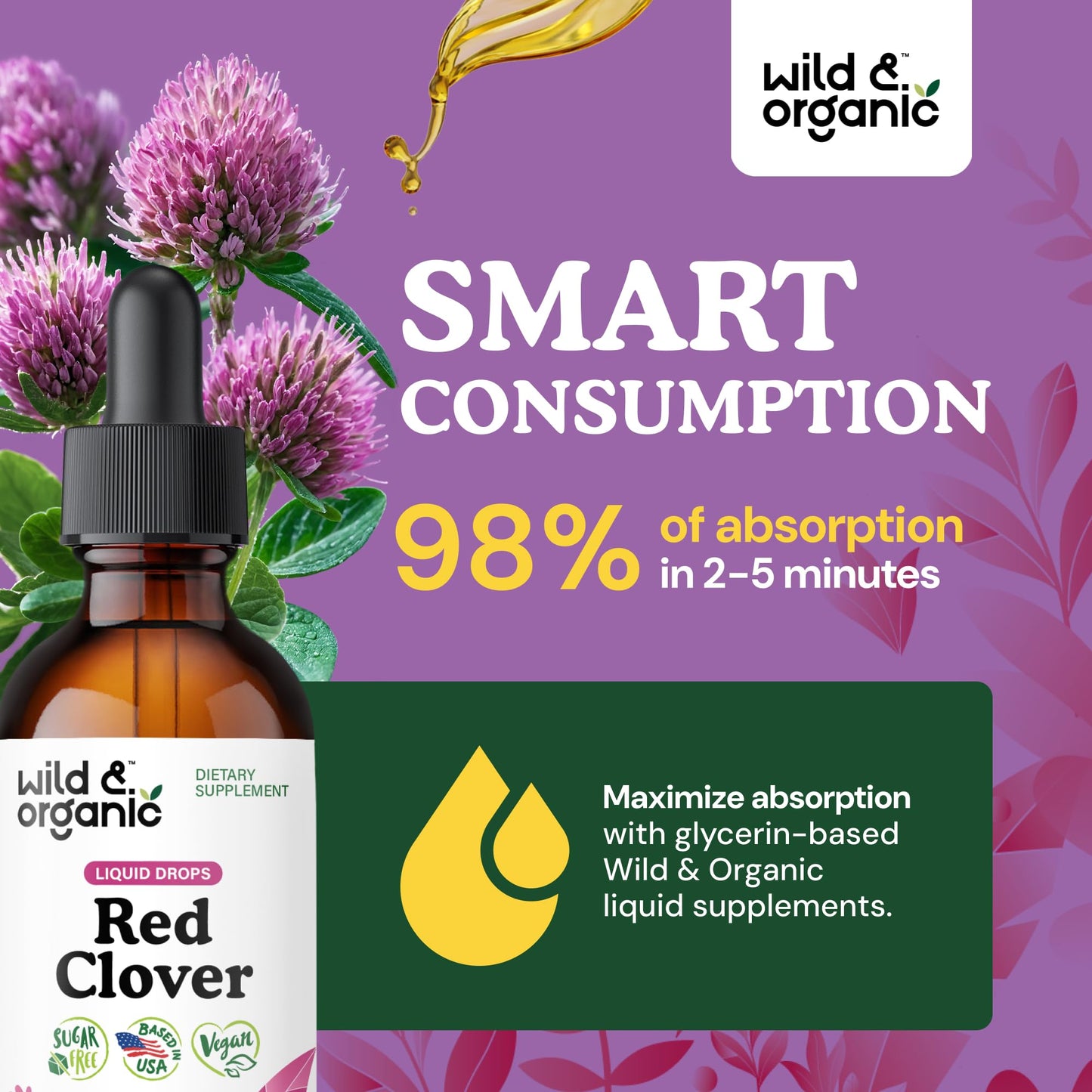 Wild & Organic Red Clover Supplement - Menopause Supplements for Women - Red Clover Extract Drops - Add to Tea Liquid Herb - 2-Month Supply - Sugar & Alcohol-Free Blossom Tincture - 4 fl oz