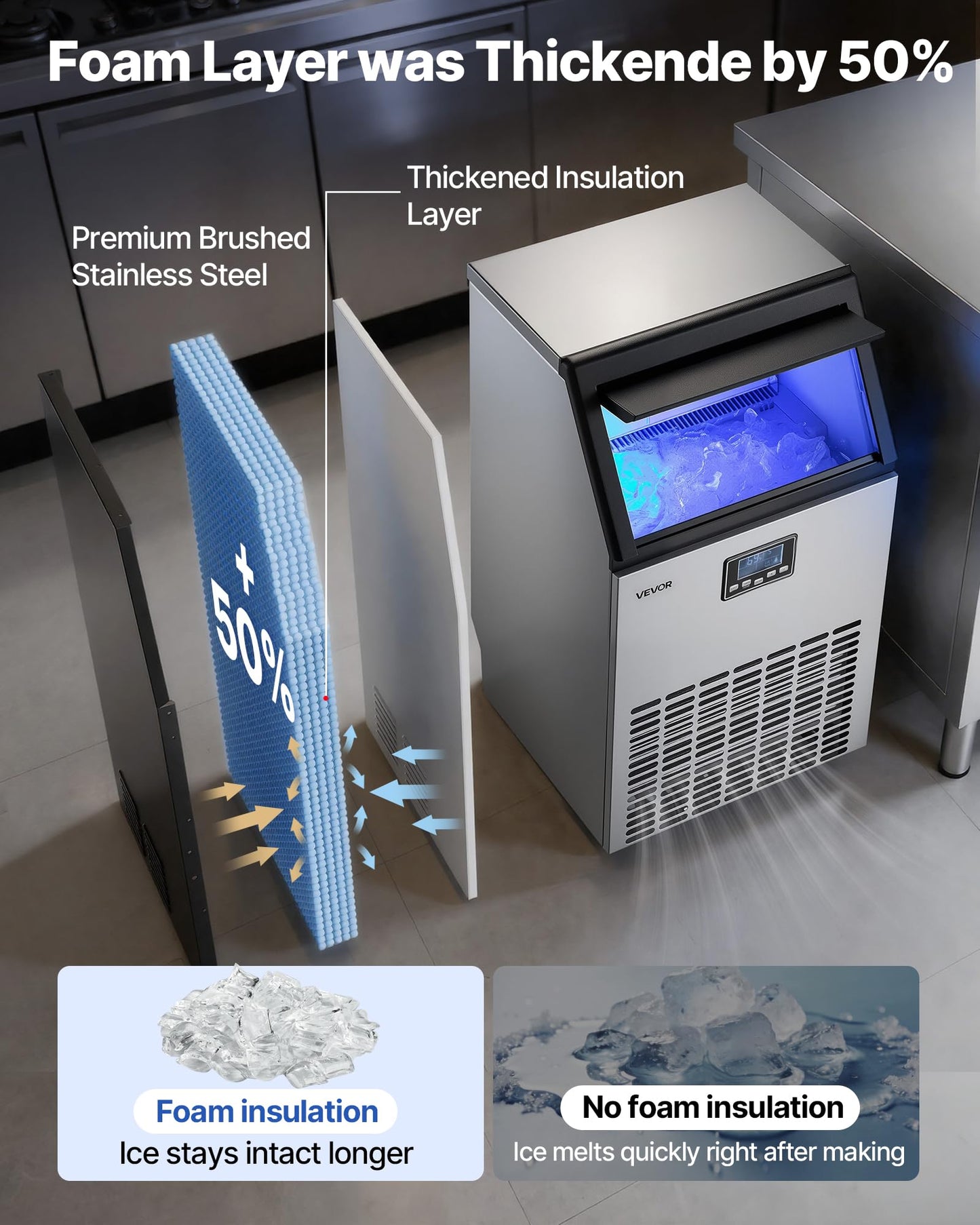 VEVOR Commercial Ice Maker Machine, 265 lbs/24h with 85 lbs Storage Capacity, Built-in/Freestanding/Under Counter, Stainless Steel Ice Maker with LED Display & Self-Cleaning, for Home Bar Restaurant