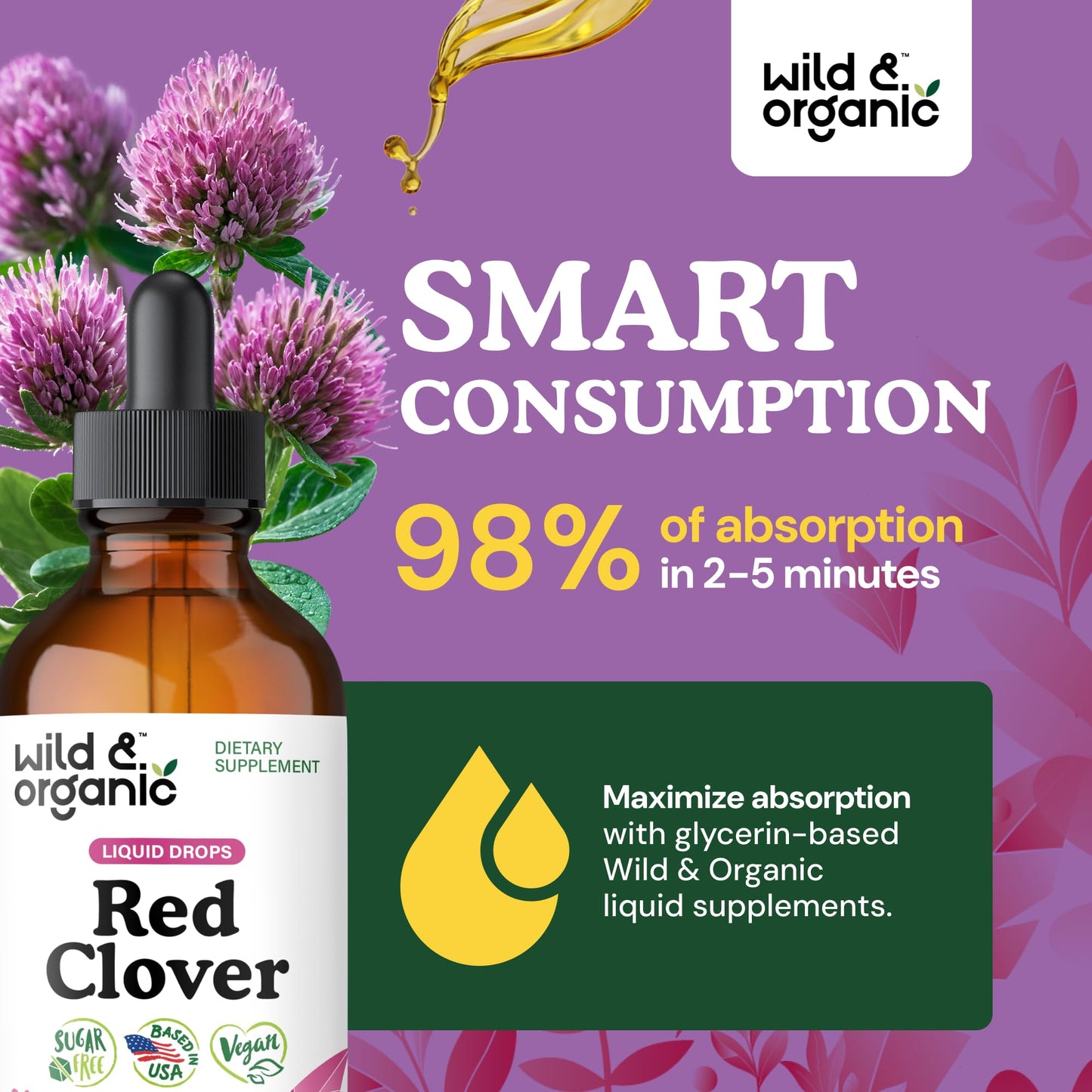 Wild & Organic Red Clover Supplement - Menopause Supplements for Women - Red Clover Extract Drops - Add to Tea Liquid Herb - 2-Month Supply - Sugar & Alcohol-Free Blossom Tincture - 4 fl oz