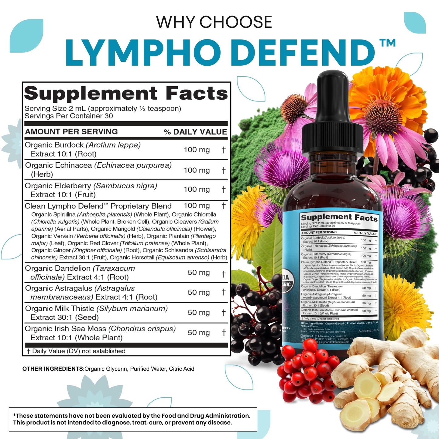 Organic Lymphatic Drainage Supplement | Lymphatic Support Drops | Burdock Root Echinacea Elderberry Dandelion Astragalus Milk Thistle Sea Moss Red Clover Cleanse Marigold Drop By Clean Nutra