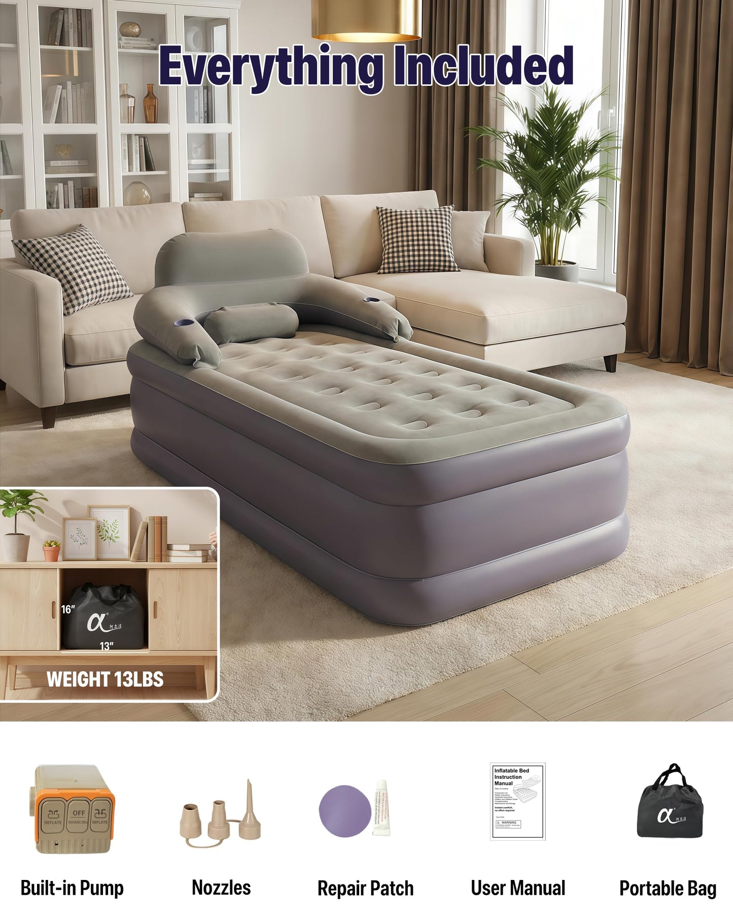 A-ER-FA Queen Air Mattress with Detachable Headboard and Cup Holder - 20 Height 700lbs Capacity Comfort Inflatable Bed for Guests Home Camping and Travel Durable Construction,Colchón Inflable,Air Bed