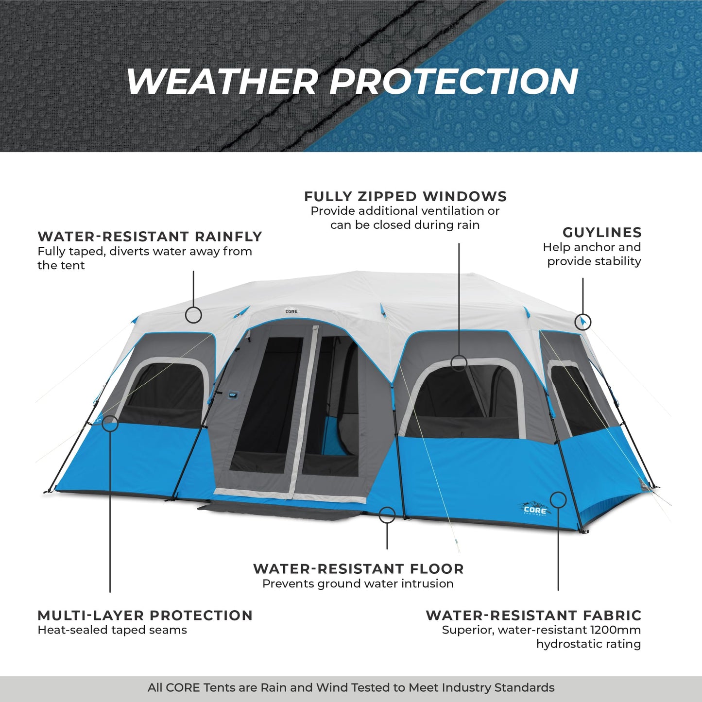 CORE Instant Cabin Tents with LED Lights | Family Multi Room Lighted Pop Up Tents for Camping | Included Storage Pockets for Camping Accessories