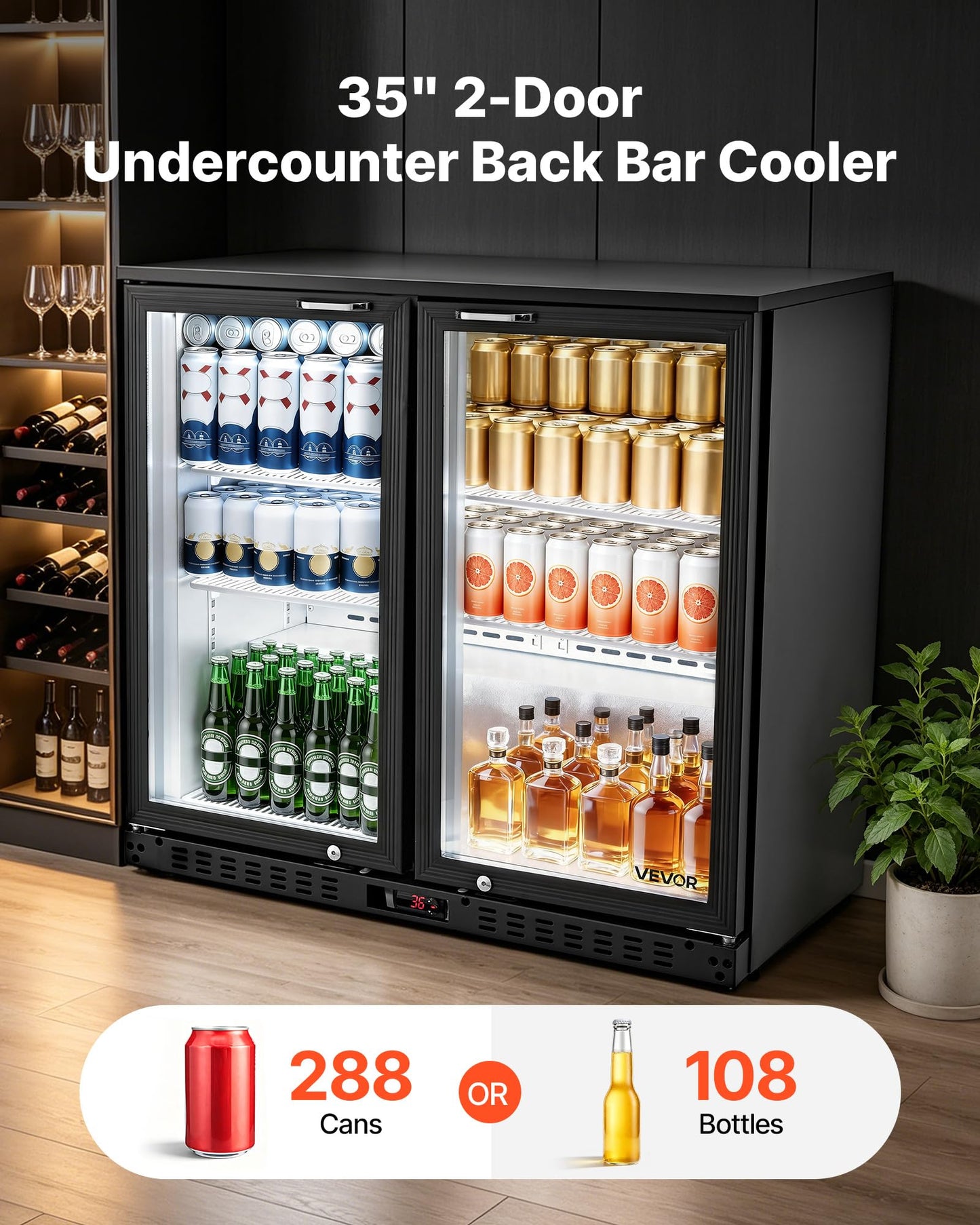VEVOR Back Bar Cooler, 7.4 Cu. Ft Commercial Beverage Refrigerator, Under Counter Bar Fridge with 2 Sliding Doors, LED Lighting, Adjustable Shelves, Low-E Glass Display Cooler for Beer, Wine, Drink