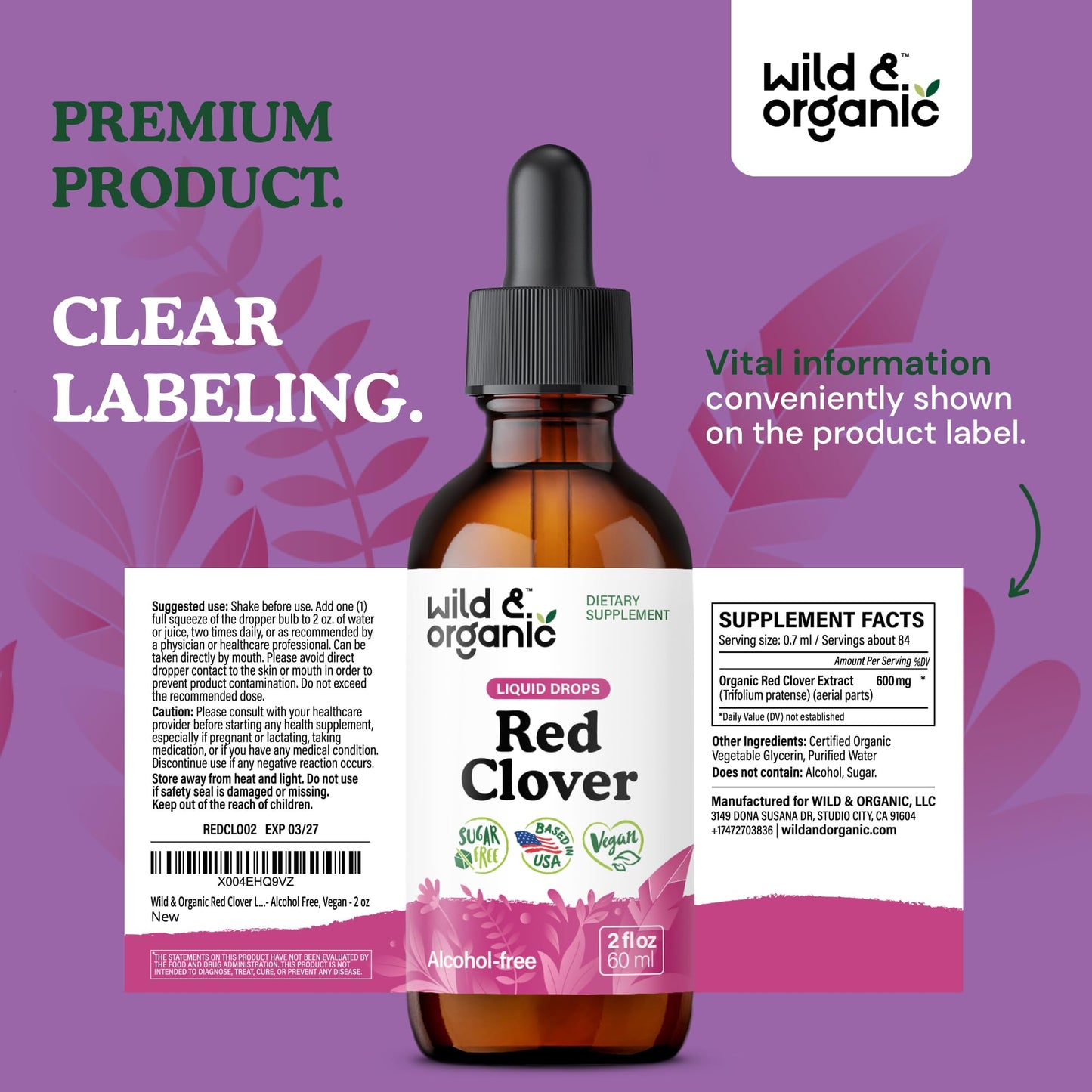 Wild & Organic Red Clover Supplement - Menopause Supplements for Women - Red Clover Extract Drops - Add to Tea Liquid Herb - 2-Month Supply - Sugar & Alcohol-Free Blossom Tincture - 4 fl oz