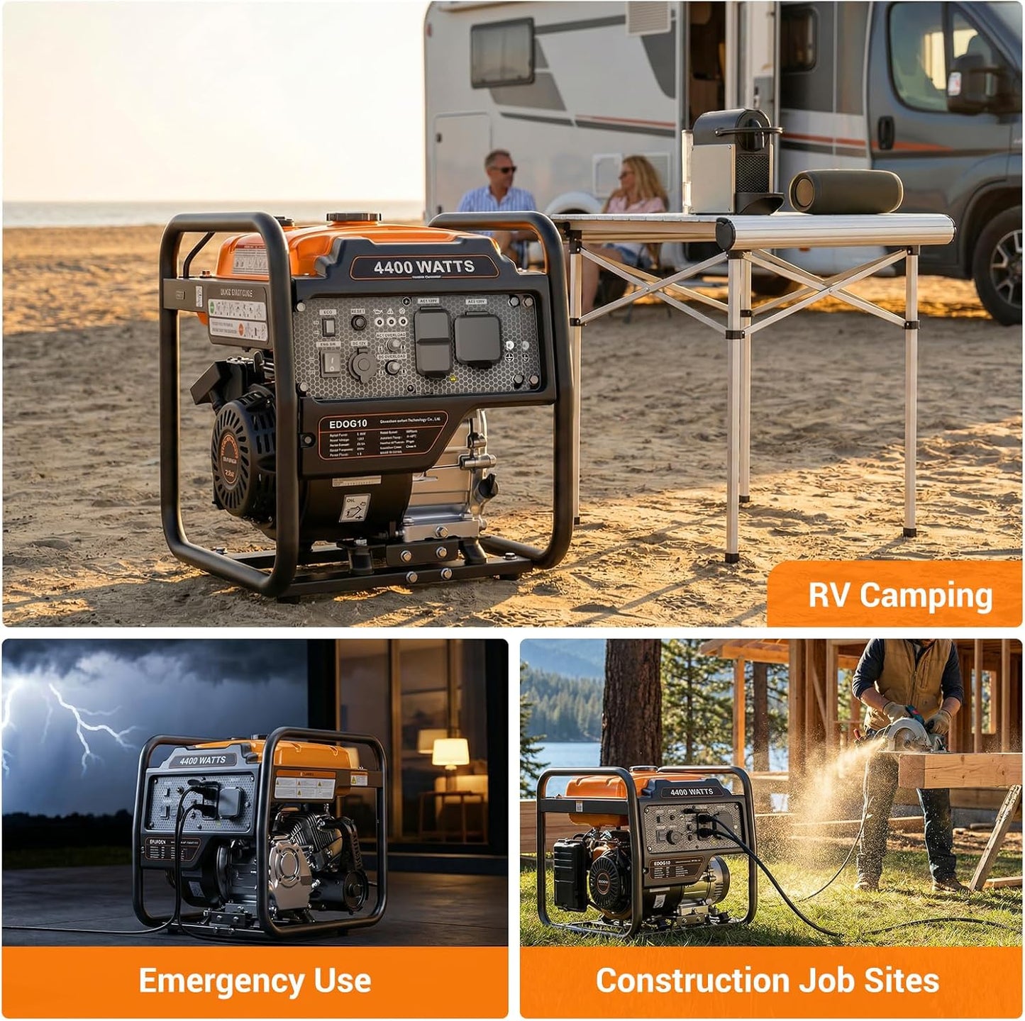 EFURDEN 4400-Watts Portable Inverter Generator, Open Frame Generator Gas Powered, Cold Start Technolog, with ECO Mode and Fuel Gauge, Home Backup Power
