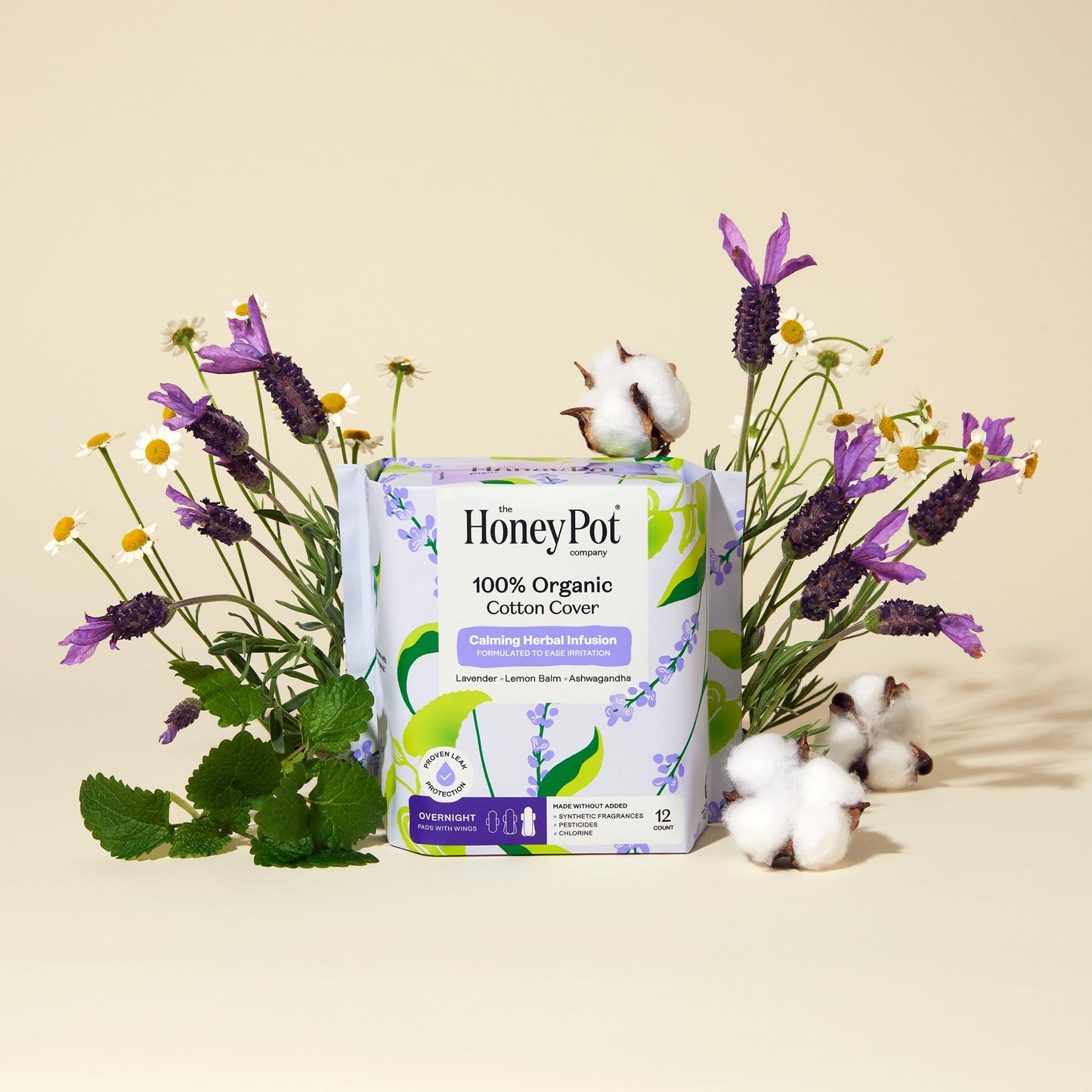 Honey Pot - Calming Herbal Super Sanitary Pads for Women - 100% Organic Cotton Top Sheet - Feminine Care - Non Cooling - Calming Herbs of Lavender, Ashwagandha, & Lemon Balm - 16ct