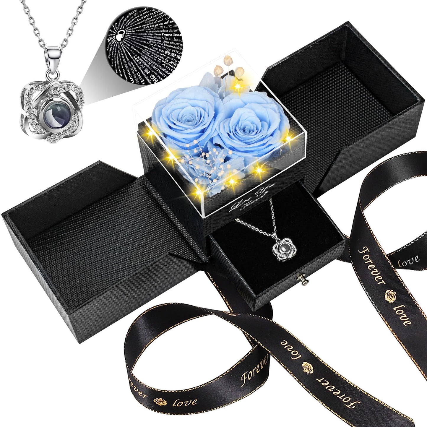 Preserved Sky Blue Real Rose with Heart I Love You Necklace -Eternal Flowers Rose Birthday Gifts for Women Her Mom Wife Girlfriend Grandma on Valentines Mothers Day Christmas Anniversary Romantic