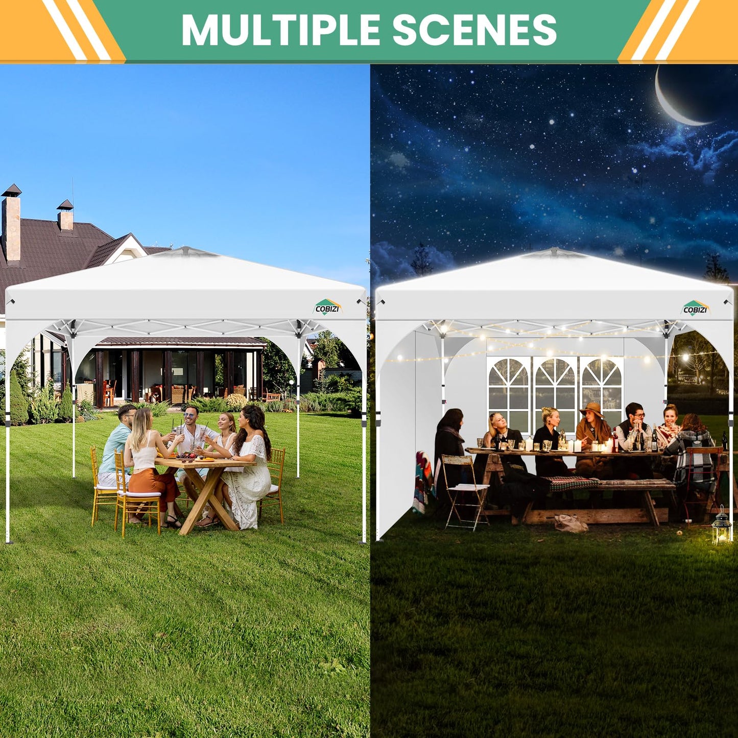 COBIZI 10x20 Pop Up Canopy Tent, Outdoor Party Tent with 4 Sidewalls, 1 Person Easy Set up, Tents for Parties with Fluorescent Strip & 4 Sandbags, Waterproof UPF50+, 3 Adjustable Height, Gray