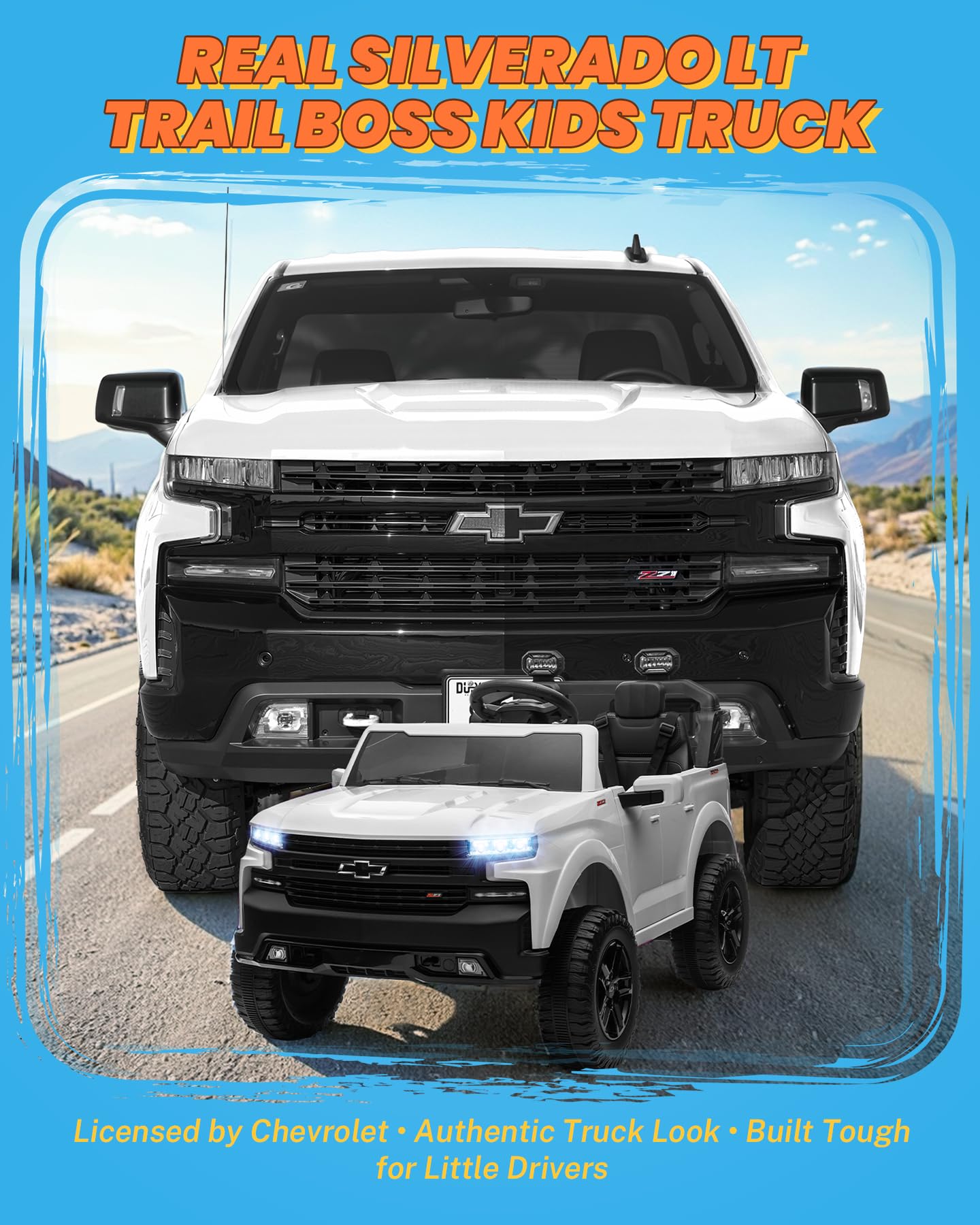 ENYOPRO 24V Ride on Toys, Licensed Chevrolet Silverado LT Trail Boss 2 Seater Ride on Car for Kids, Toddler Electric Car w/Remote Control, Safety Belt, Truck Bed Storage, LED Lights, Bluetooth, Black
