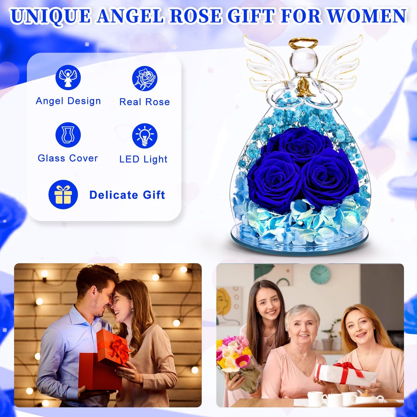 Beferr Mothers Day Mom Birthday Gifts for Women, Fresh Flowers for Delivery Forever Preserved Rose in Glass Angel Figurine, Anniversary Christian Real Rose for Grandma Nana Wife Mum from Daughter Son