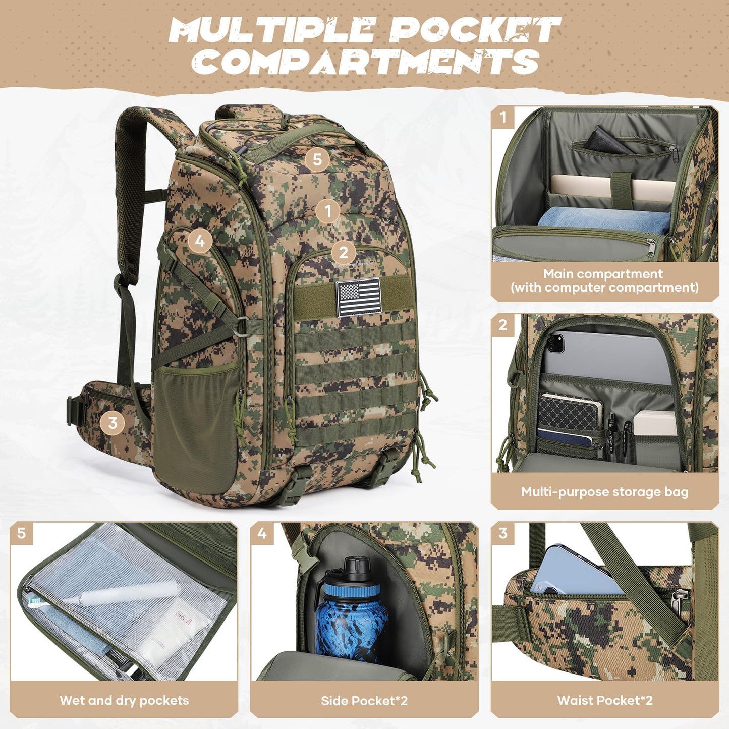 Maelstrom Tactical Backpack for Men, Water Resistant 40L Military Backpack, for Hiking, Camping, Gym with Molle System (Khaki)