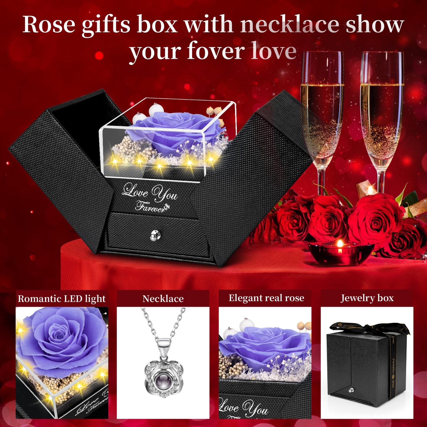 Preserved Sky Blue Real Rose with Heart I Love You Necklace -Eternal Flowers Rose Birthday Gifts for Women Her Mom Wife Girlfriend Grandma on Valentines Mothers Day Christmas Anniversary Romantic