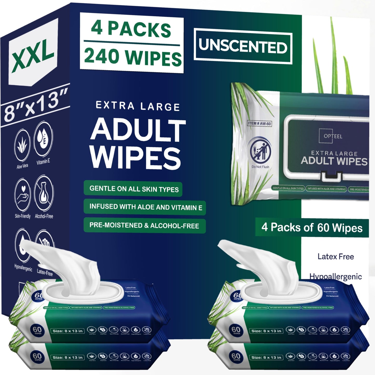 OPTEEL Adult Wipes For Elderly - 8"x13" Extra Large & Soft Wet Wipes for Adults Bathing - Incontinence Disposable Washcloths, Vitamin E & Aloe Infused for Men & Women 720ct (12 Packs of 60)