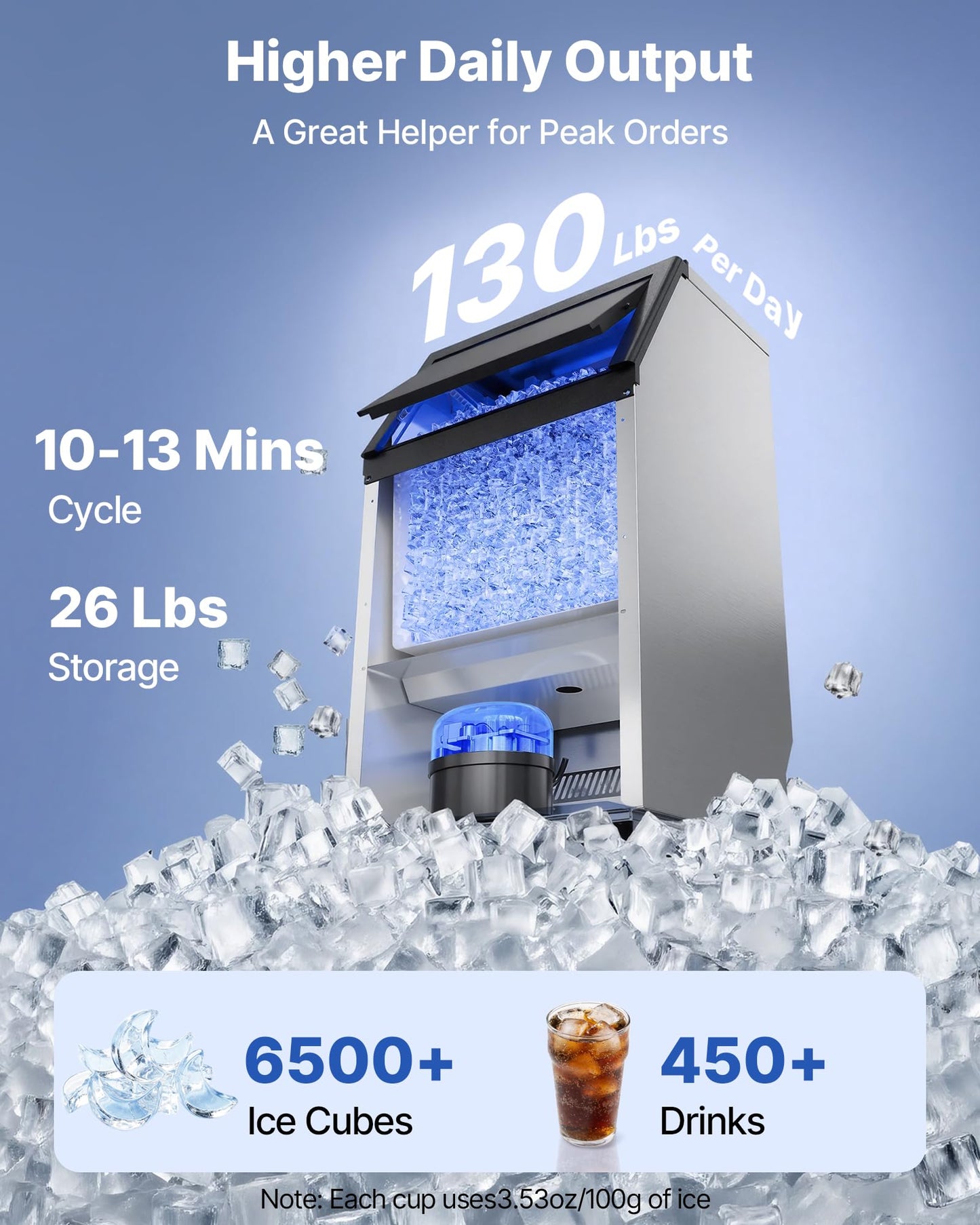 VEVOR Commercial Ice Maker Machine, 265 lbs/24h with 85 lbs Storage Capacity, Built-in/Freestanding/Under Counter, Stainless Steel Ice Maker with LED Display & Self-Cleaning, for Home Bar Restaurant
