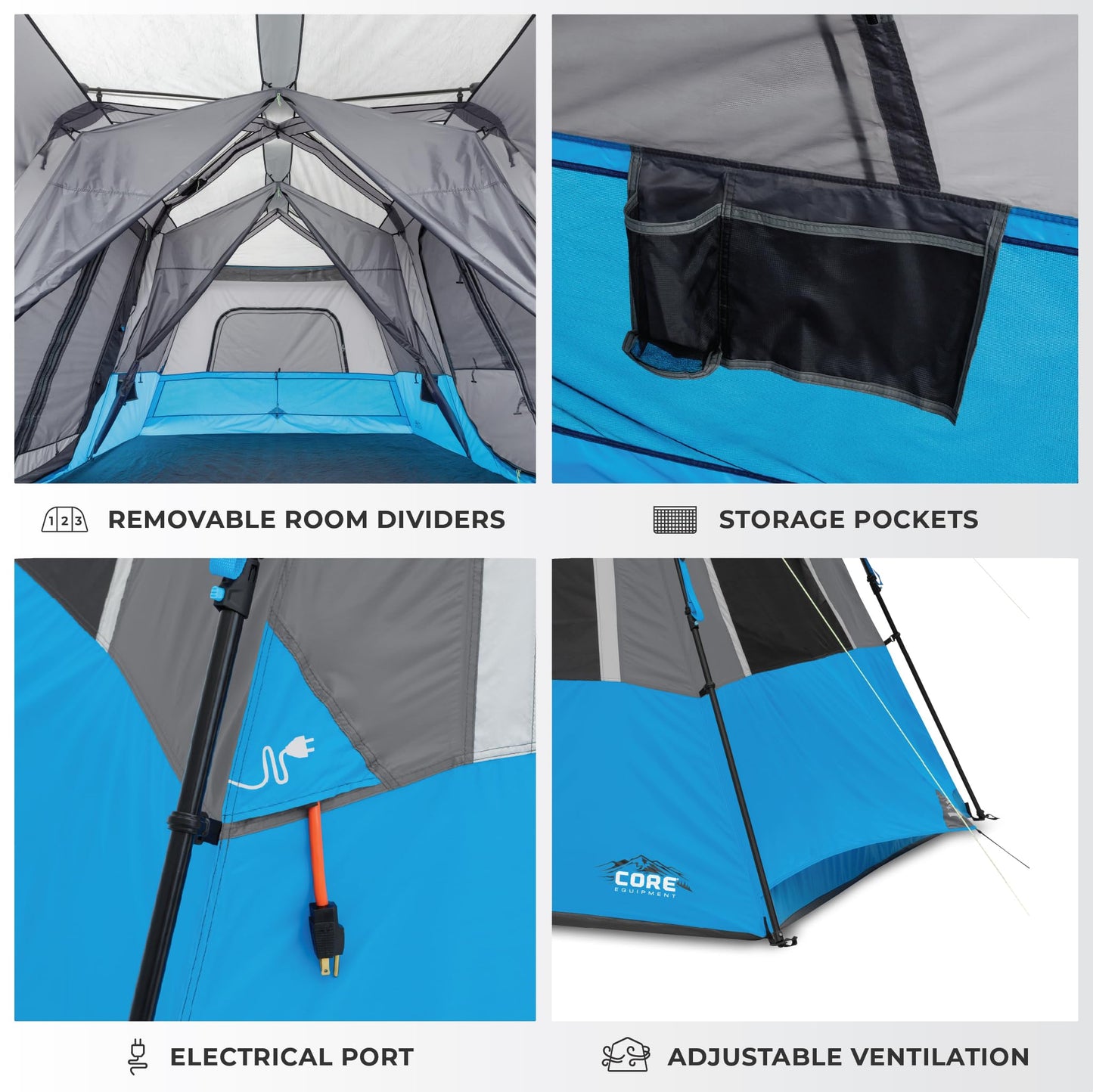 CORE Instant Cabin Tents with LED Lights | Family Multi Room Lighted Pop Up Tents for Camping | Included Storage Pockets for Camping Accessories