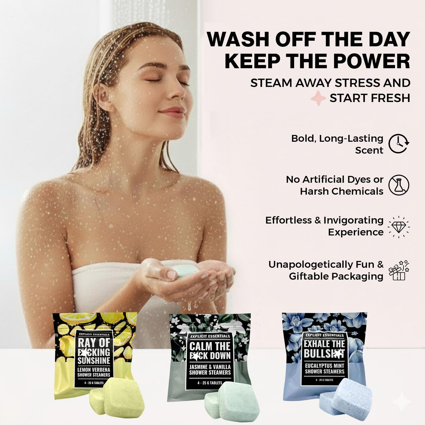 Explicit Essentials Shower Steamers Gift Set | 4 Funny Handmade Aromatherapy Shower Bombs | Relaxation & Stress Relief Spa Gift for Self-Care, Birthdays & Holidays