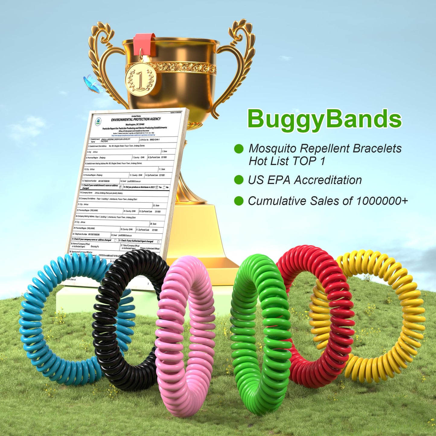 BuggyBands 60 Pack Mosquito Repellent Bracelets, Individually Wrapped Wristbands, DEET Free, Natural and Waterproof Bands, Camping Travel Essentials (60 Count (Pack of 1))