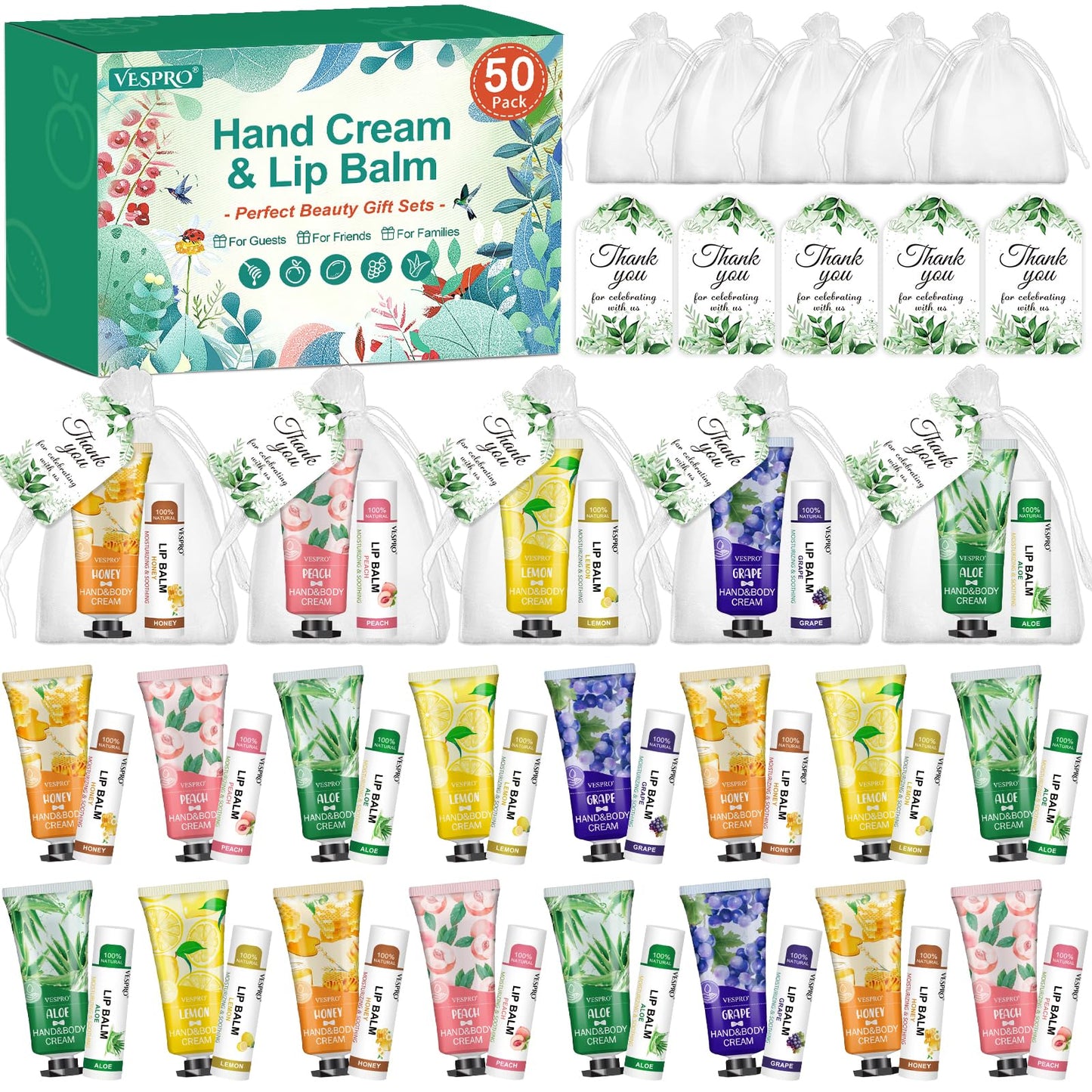 VESPRO 30 Pack Bulk Hand Cream and Bulk Lip Balm Sets, Mothers Day Gifts, Wedding Favors for Guests with Thank You Card and Organza Bags, Birthday Gift, Teacher Appreciation Gifts and Nurse Gift