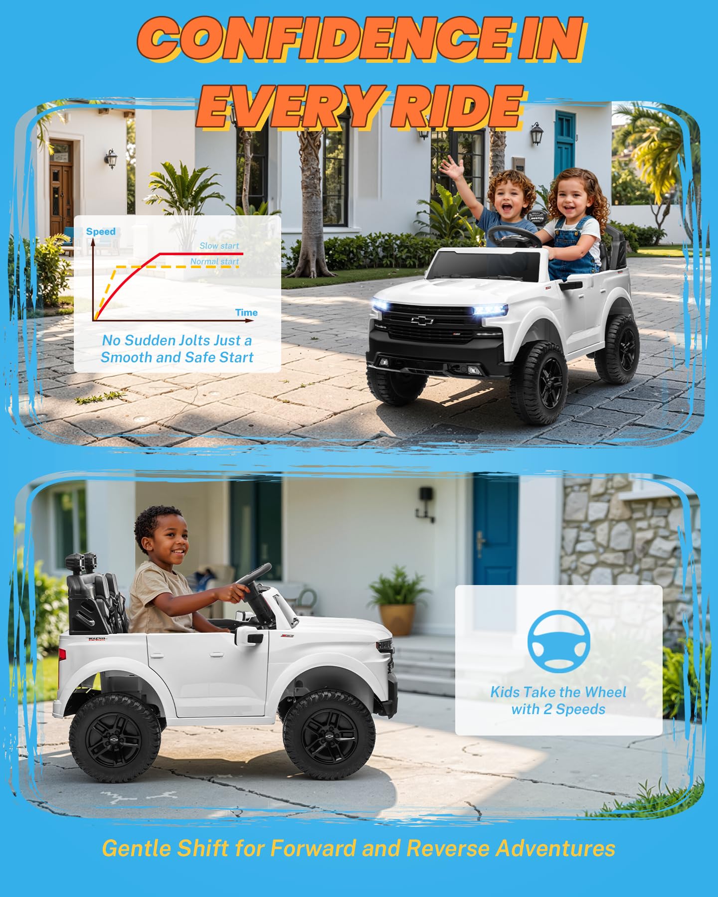 ENYOPRO 24V Ride on Toys, Licensed Chevrolet Silverado LT Trail Boss 2 Seater Ride on Car for Kids, Toddler Electric Car w/Remote Control, Safety Belt, Truck Bed Storage, LED Lights, Bluetooth, Black