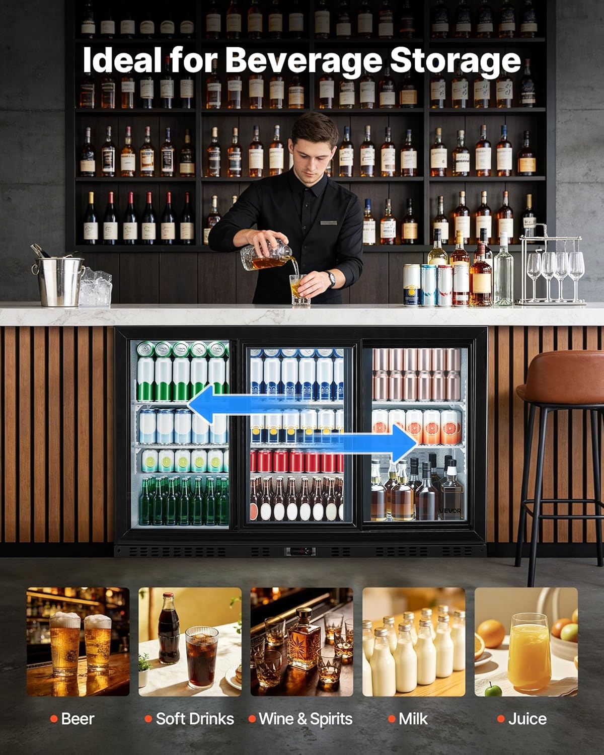 VEVOR Back Bar Cooler, 7.4 Cu. Ft Commercial Beverage Refrigerator, Under Counter Bar Fridge with 2 Sliding Doors, LED Lighting, Adjustable Shelves, Low-E Glass Display Cooler for Beer, Wine, Drink