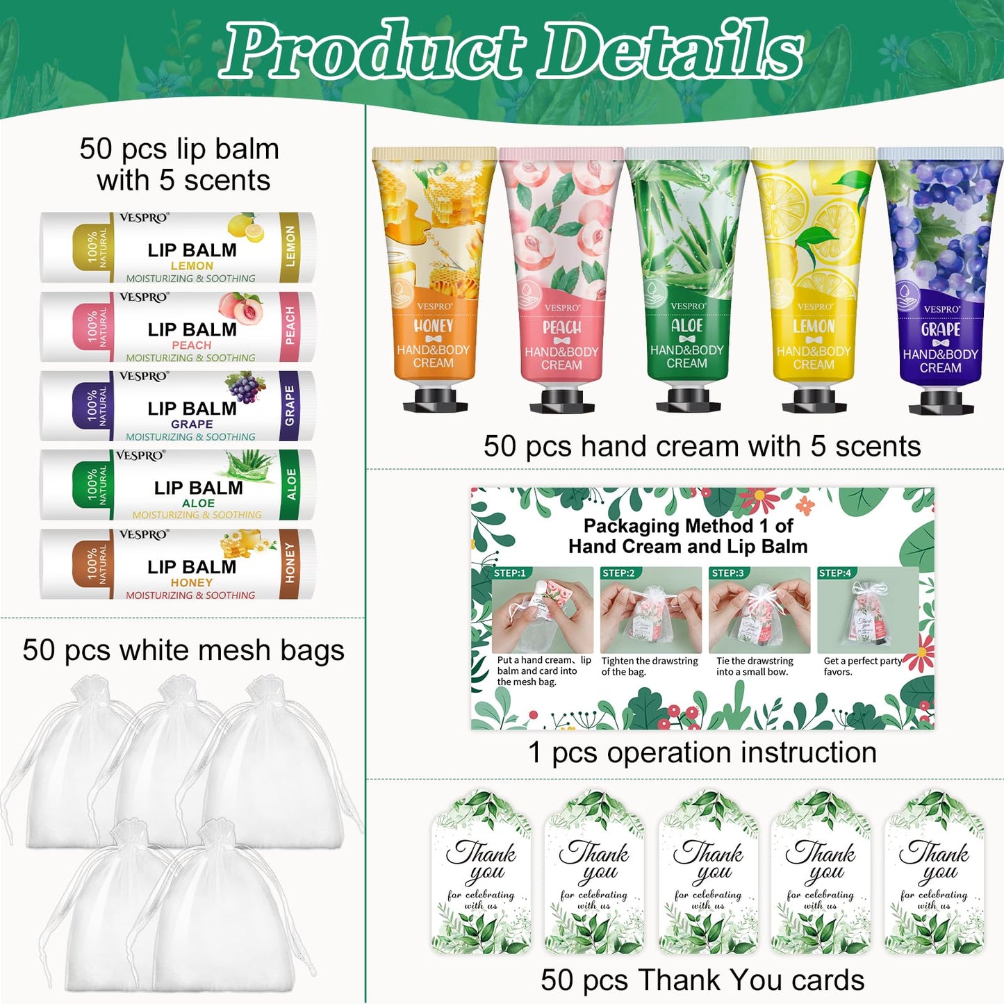 VESPRO 30 Pack Bulk Hand Cream and Bulk Lip Balm Sets, Mothers Day Gifts, Wedding Favors for Guests with Thank You Card and Organza Bags, Birthday Gift, Teacher Appreciation Gifts and Nurse Gift