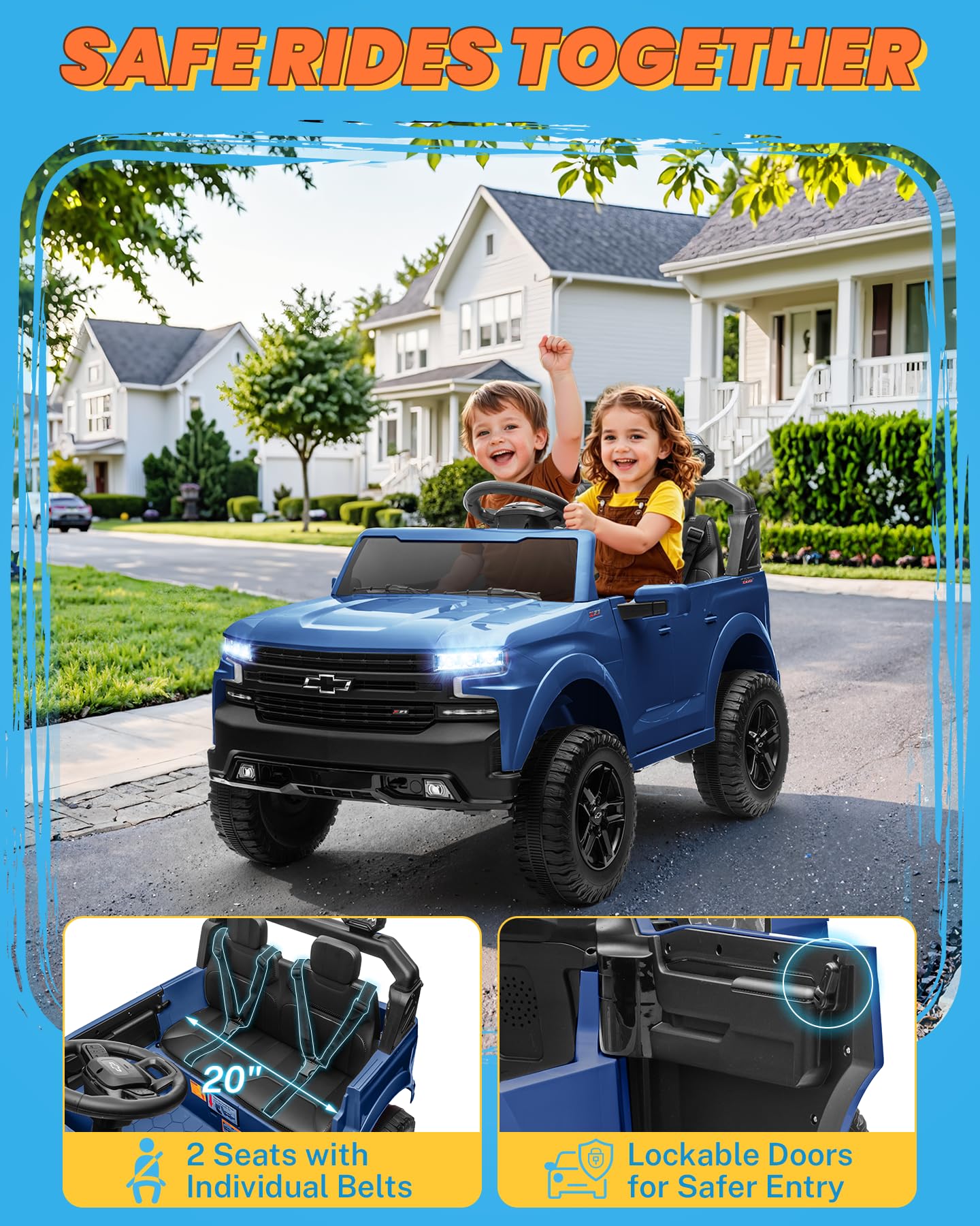 ENYOPRO 24V Ride on Toys, Licensed Chevrolet Silverado LT Trail Boss 2 Seater Ride on Car for Kids, Toddler Electric Car w/Remote Control, Safety Belt, Truck Bed Storage, LED Lights, Bluetooth, Black