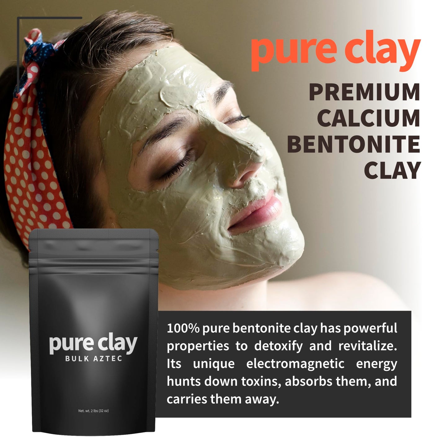Pure Clay Detox | Therapeutic Grade Calcium Bentonite Clay Powder | GRAS-Affirmed | Indian Healing Face Mask | Deep Pore Cleansing | Body Wrap Hair Mask Bath | Ultra Fine | 16 oz | Acne Oily Skin Foot