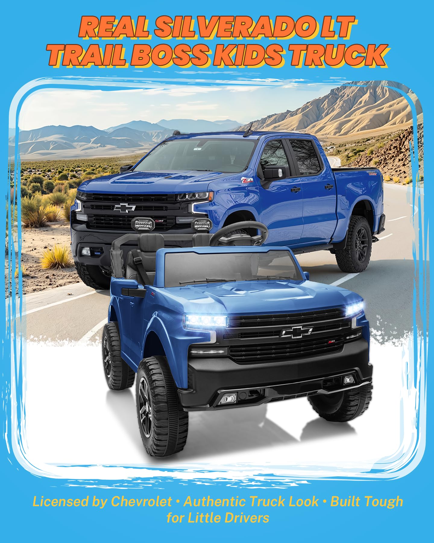 ENYOPRO 24V Ride on Toys, Licensed Chevrolet Silverado LT Trail Boss 2 Seater Ride on Car for Kids, Toddler Electric Car w/Remote Control, Safety Belt, Truck Bed Storage, LED Lights, Bluetooth, Black