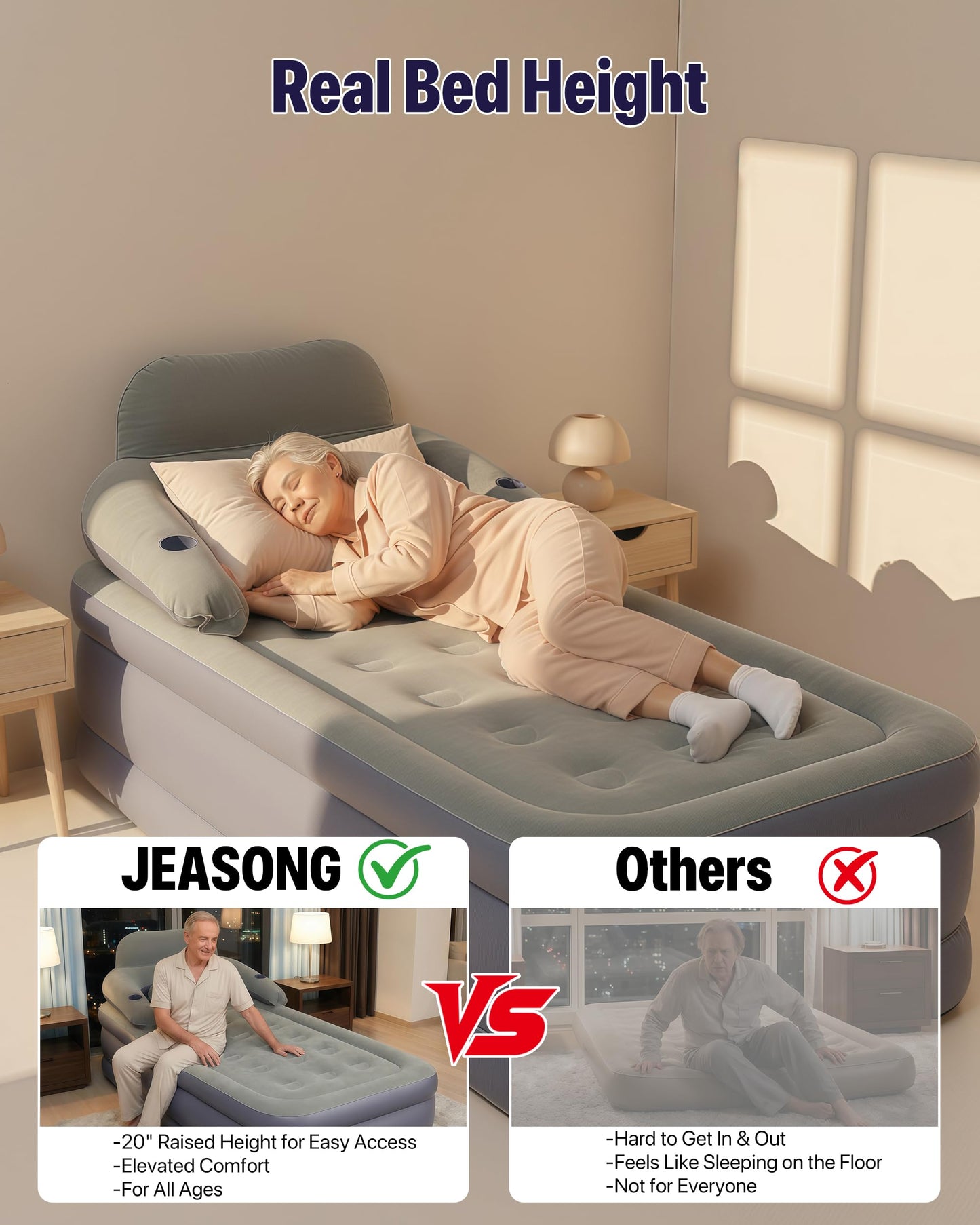 A-ER-FA Queen Air Mattress with Detachable Headboard and Cup Holder - 20 Height 700lbs Capacity Comfort Inflatable Bed for Guests Home Camping and Travel Durable Construction,Colchón Inflable,Air Bed
