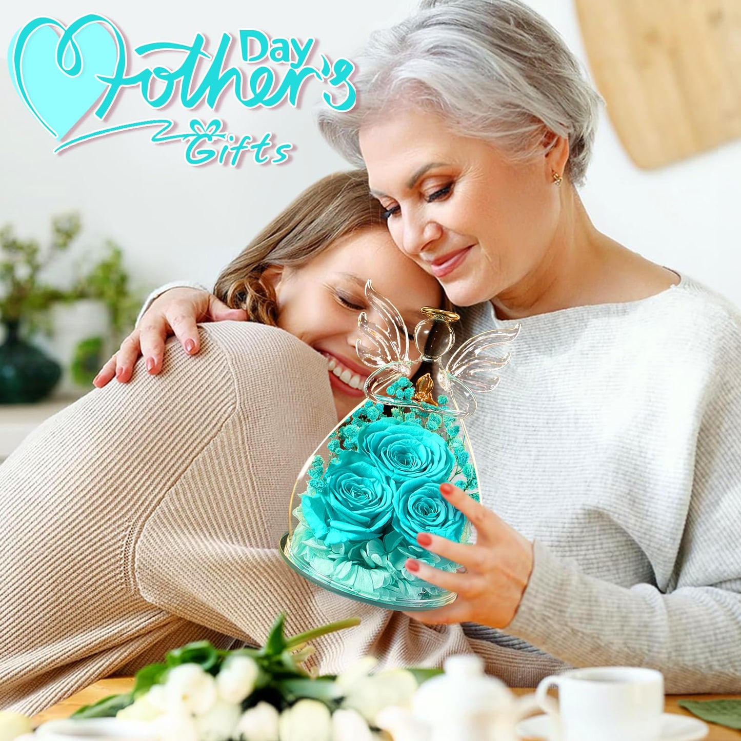 Beferr Mothers Day Mom Birthday Gifts for Women, Fresh Flowers for Delivery Forever Preserved Rose in Glass Angel Figurine, Anniversary Christian Real Rose for Grandma Nana Wife Mum from Daughter Son