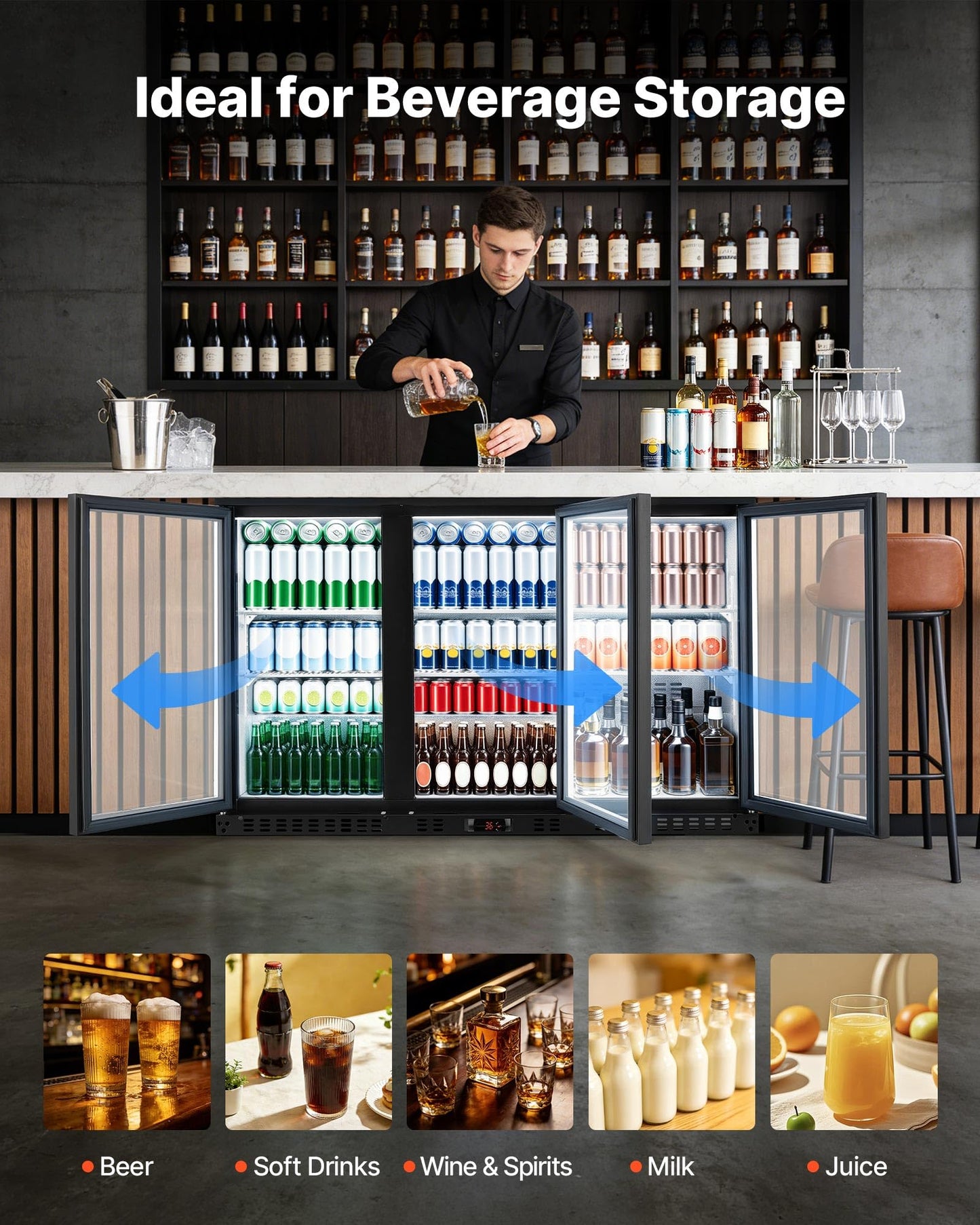 VEVOR Back Bar Cooler, 7.4 Cu. Ft Commercial Beverage Refrigerator, Under Counter Bar Fridge with 2 Sliding Doors, LED Lighting, Adjustable Shelves, Low-E Glass Display Cooler for Beer, Wine, Drink