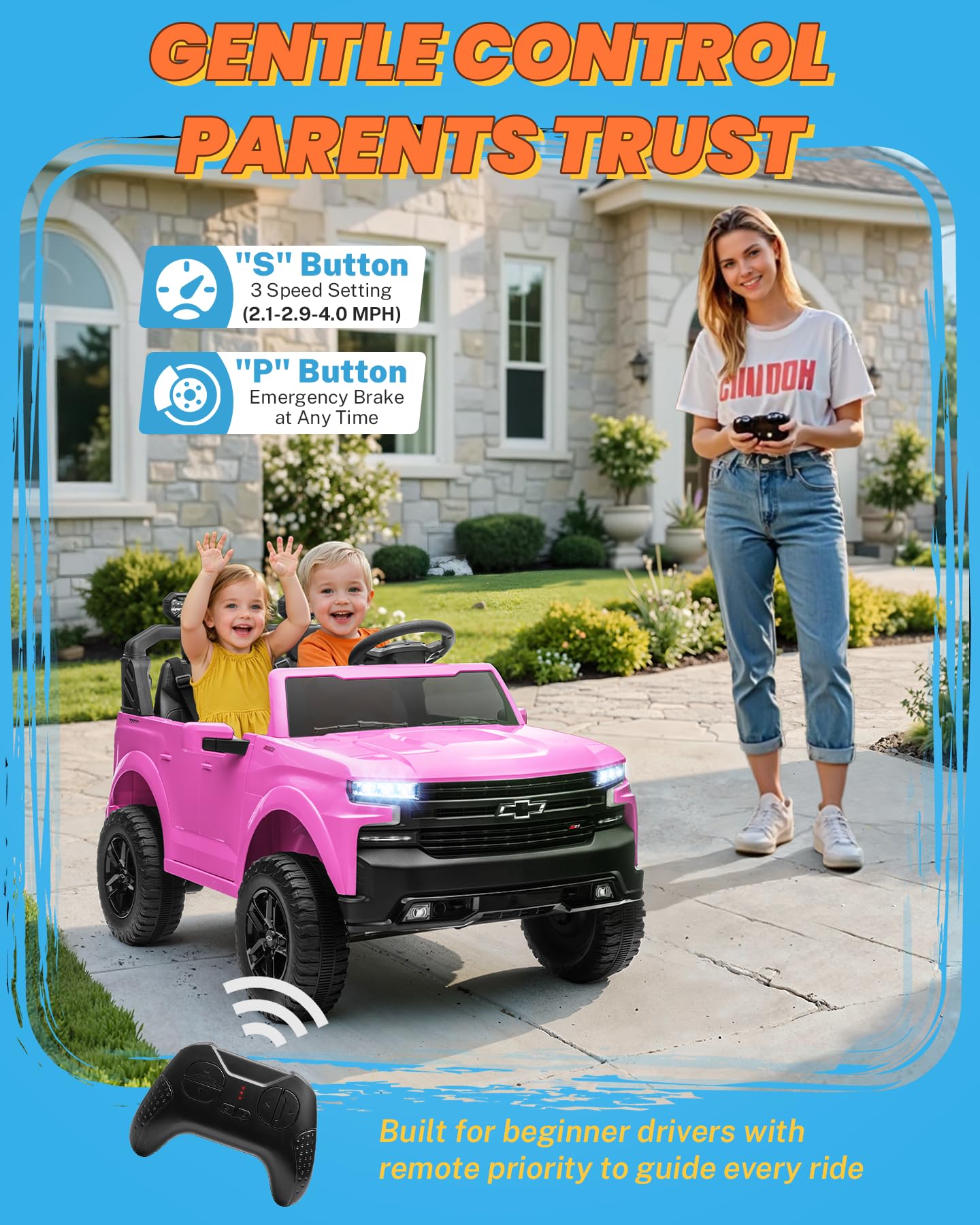 ENYOPRO 24V Ride on Toys, Licensed Chevrolet Silverado LT Trail Boss 2 Seater Ride on Car for Kids, Toddler Electric Car w/Remote Control, Safety Belt, Truck Bed Storage, LED Lights, Bluetooth, Black