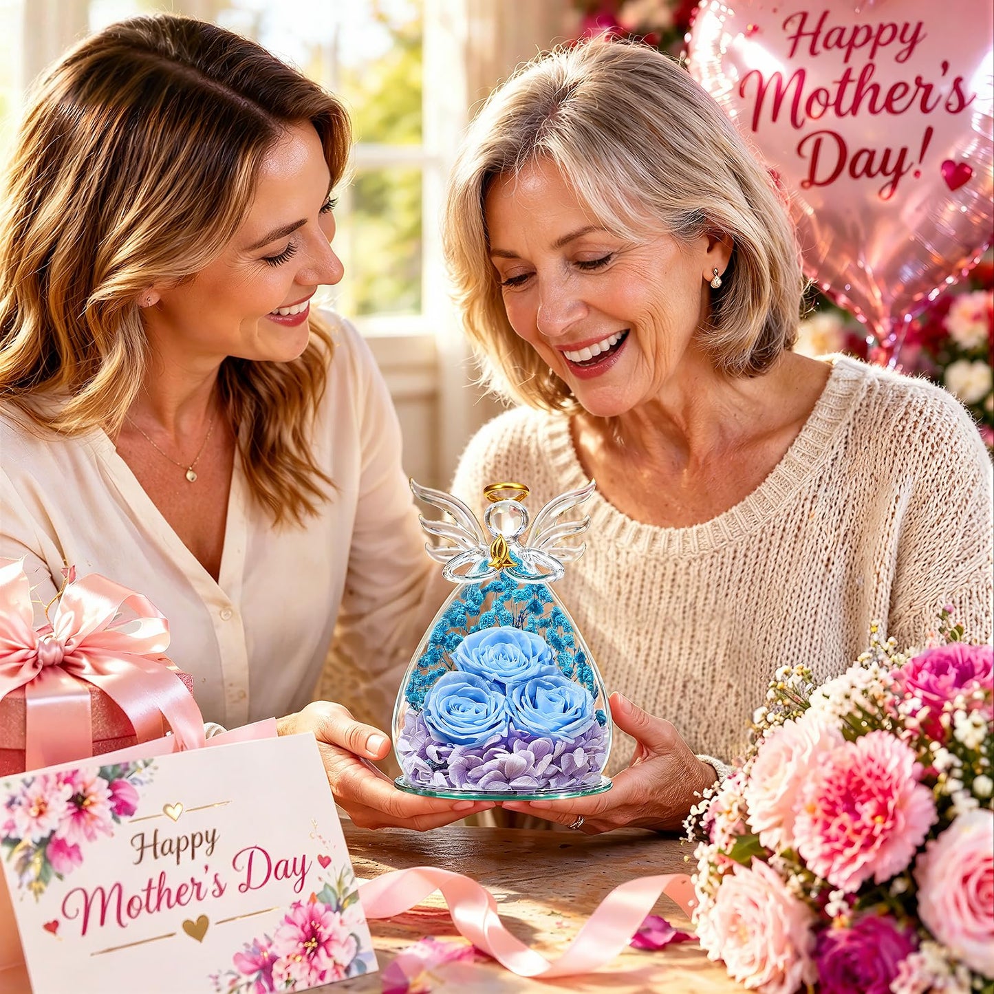 Beferr Mothers Day Mom Birthday Gifts for Women, Fresh Flowers for Delivery Forever Preserved Rose in Glass Angel Figurine, Anniversary Christian Real Rose for Grandma Nana Wife Mum from Daughter Son