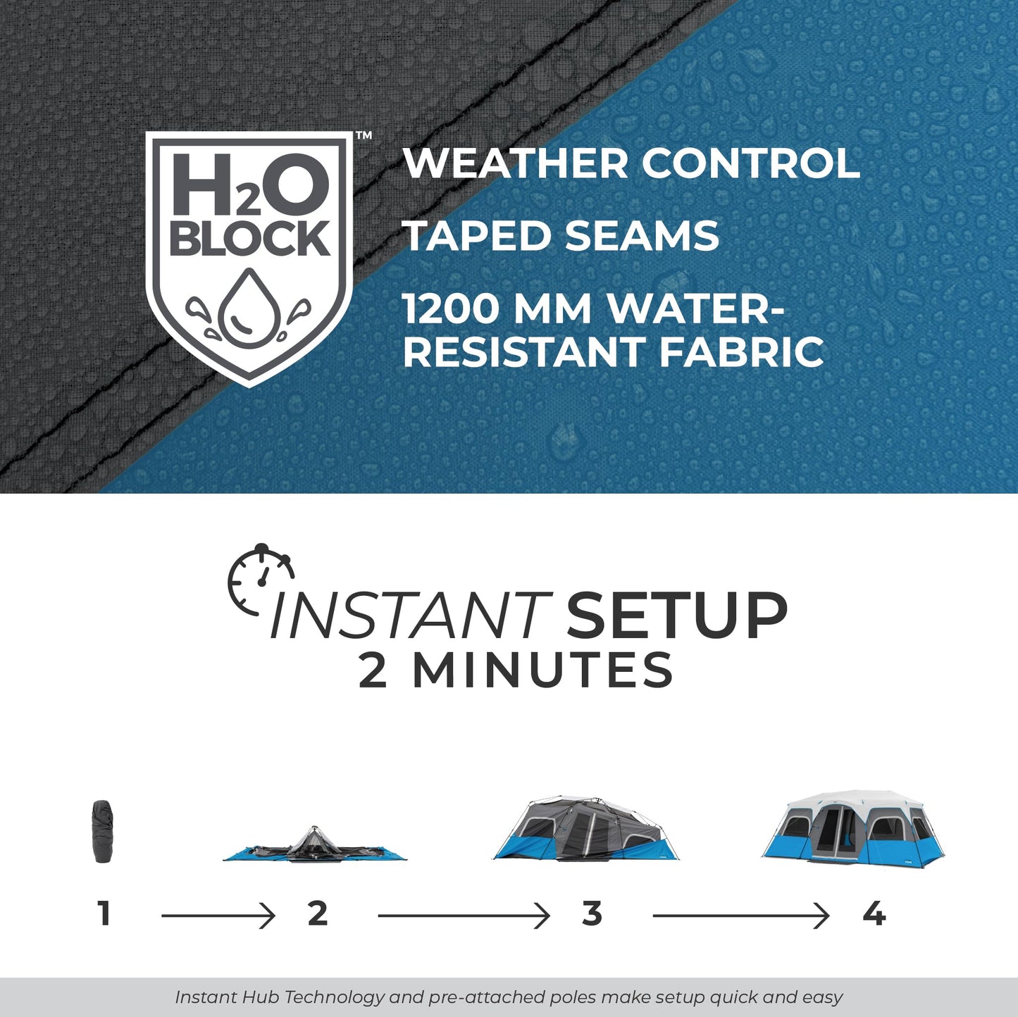 CORE Instant Cabin Tents with LED Lights | Family Multi Room Lighted Pop Up Tents for Camping | Included Storage Pockets for Camping Accessories