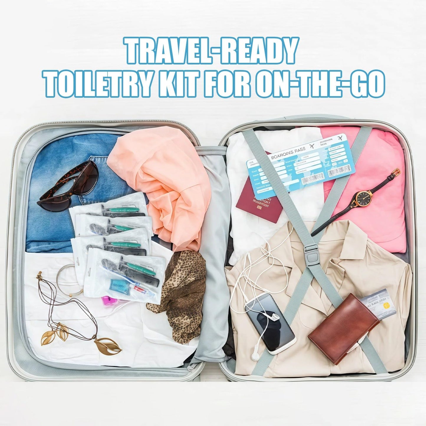 50 Pack Hygiene Kits for Homeless in Bulk, 8-in-1 Personal Toiletry Kit Individually Packed with Toothbrush, Toothpaste, Comb, Flossers,Shampoo, Soap, Razor & Shaving Cream