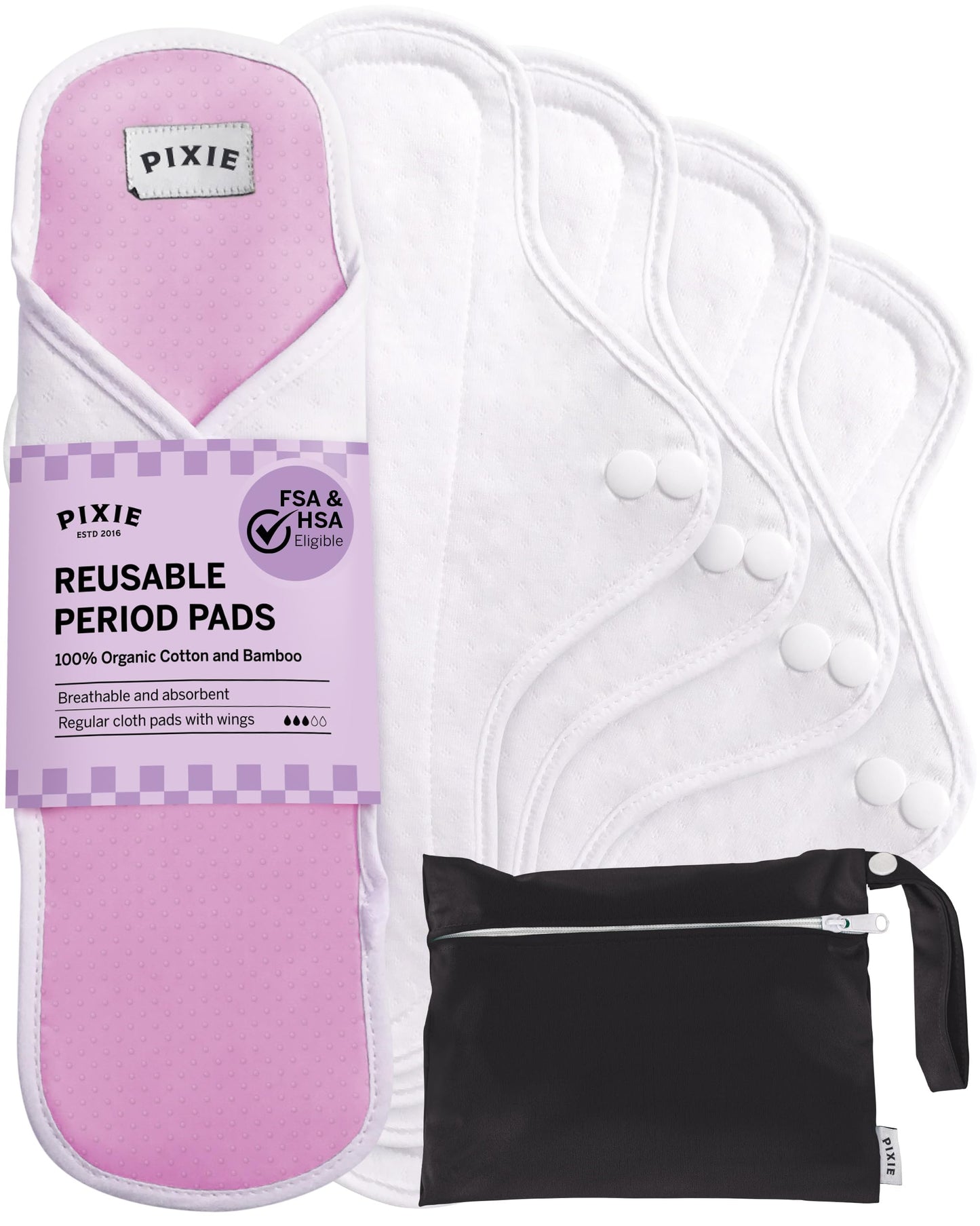 Pixie Cotton Cloth Pads for Feminine Care - 100% Organic Reusable Pads - Ranked 1 for Softest Menstrual Sanitary Napkins - Machine Washable & Includes Free Wet Bag - Menstrual Liner (Regular)