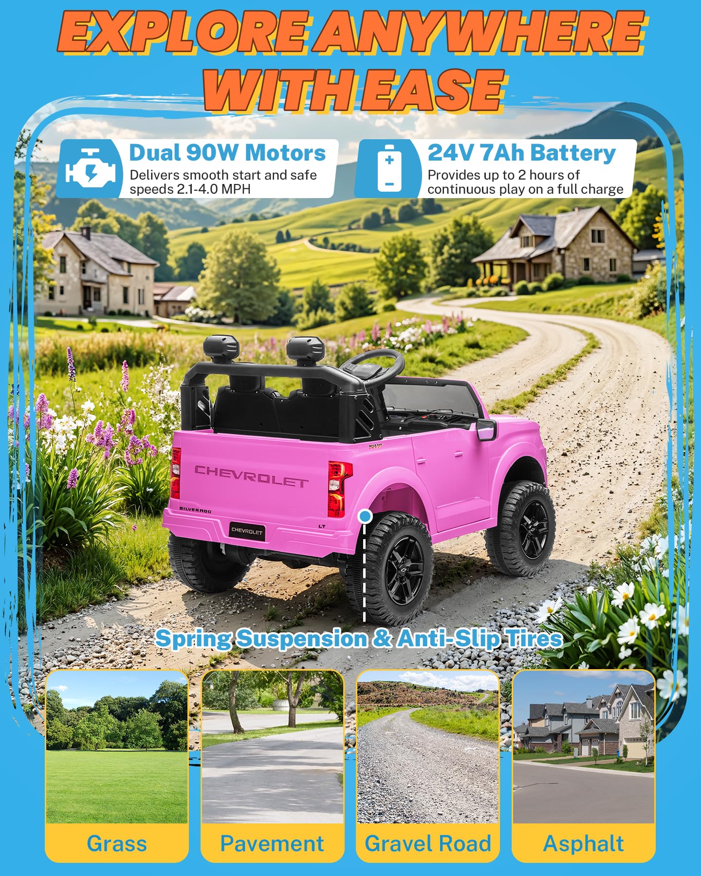 ENYOPRO 24V Ride on Toys, Licensed Chevrolet Silverado LT Trail Boss 2 Seater Ride on Car for Kids, Toddler Electric Car w/Remote Control, Safety Belt, Truck Bed Storage, LED Lights, Bluetooth, Black