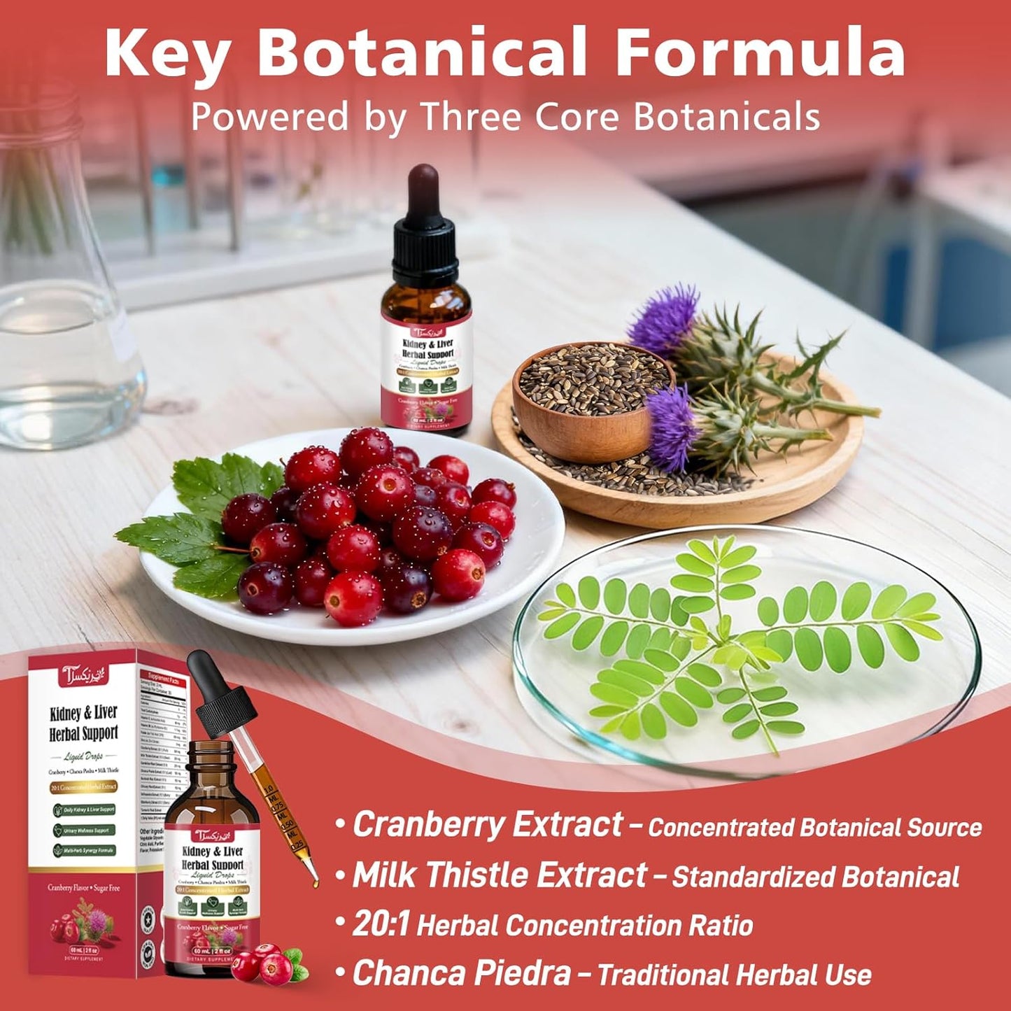 Kidney Cleanse & Liver Support Liquid Drops with Cranberry 20:1, Chanca Piedra & Milk Thistle, Herbal Supplement for Urinary Tract Support, Vegan, Sugar Free, 60 mL
