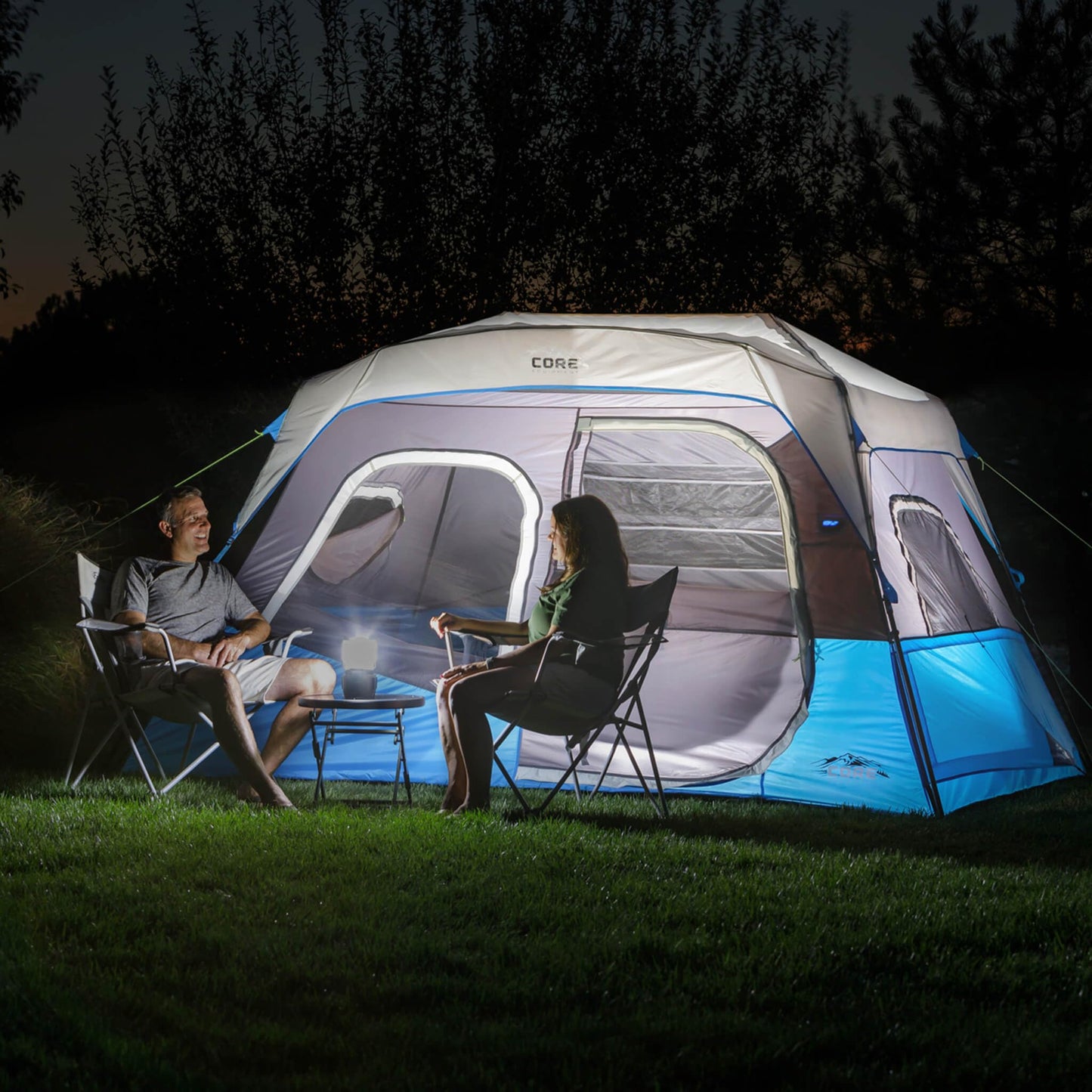 CORE Instant Cabin Tents with LED Lights | Family Multi Room Lighted Pop Up Tents for Camping | Included Storage Pockets for Camping Accessories