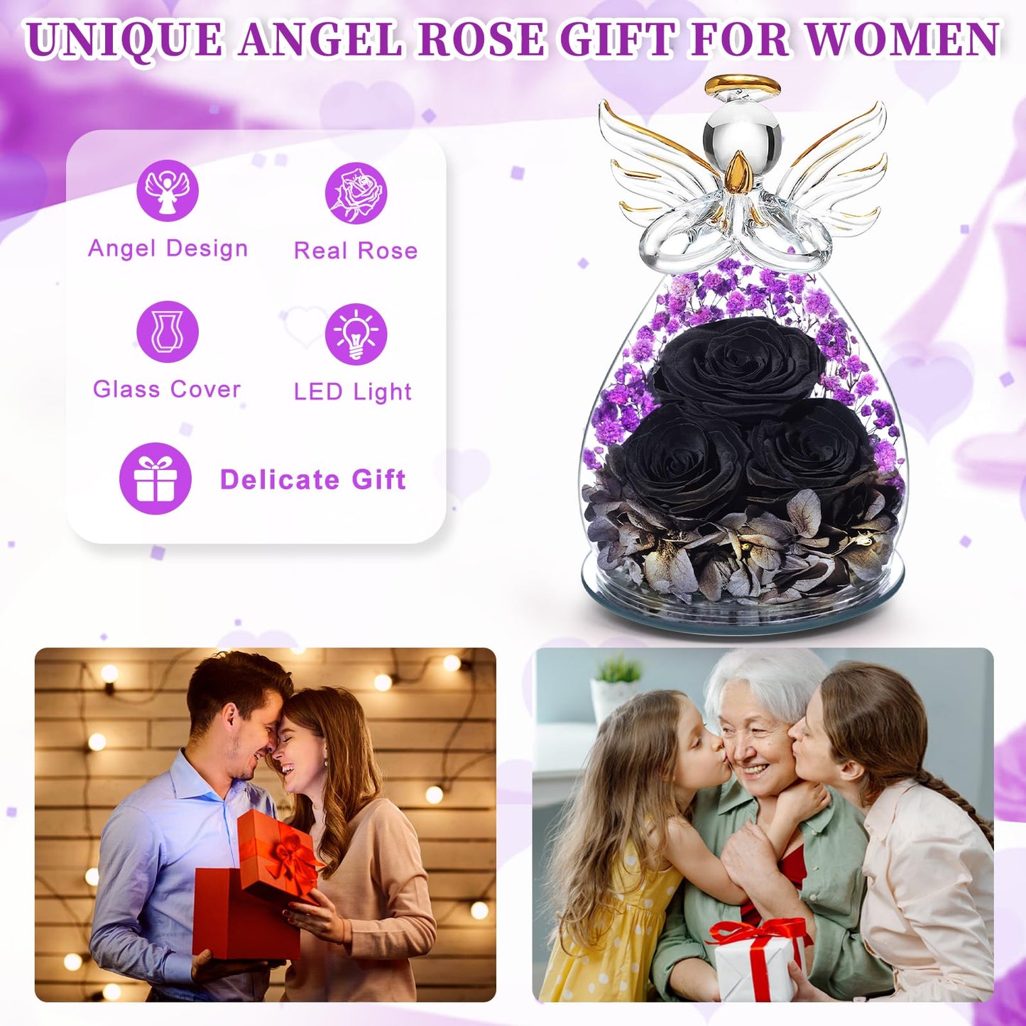 Beferr Mothers Day Mom Birthday Gifts for Women, Fresh Flowers for Delivery Forever Preserved Rose in Glass Angel Figurine, Anniversary Christian Real Rose for Grandma Nana Wife Mum from Daughter Son