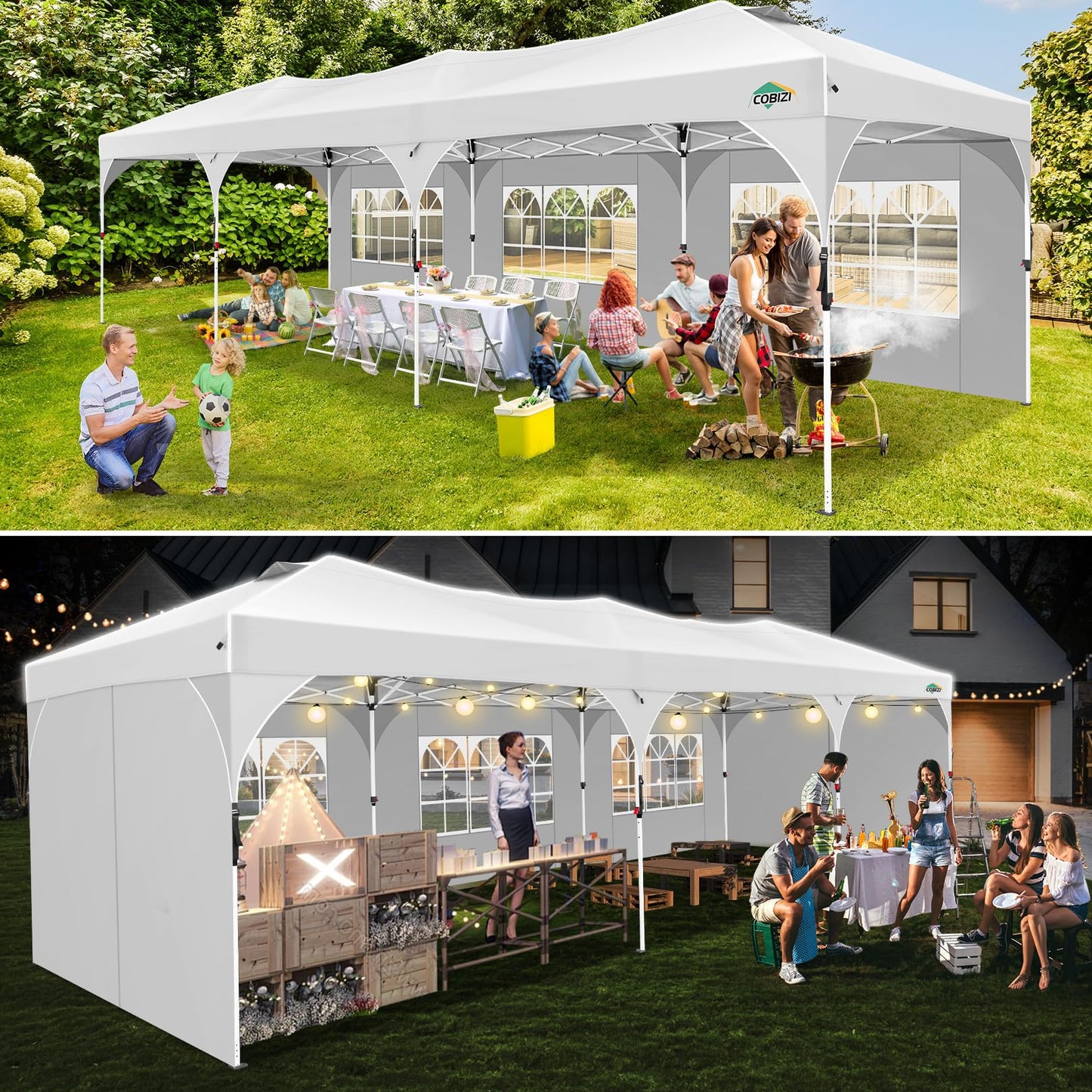 COBIZI 10x20 Pop Up Canopy Tent, Outdoor Party Tent with 4 Sidewalls, 1 Person Easy Set up, Tents for Parties with Fluorescent Strip & 4 Sandbags, Waterproof UPF50+, 3 Adjustable Height, Gray