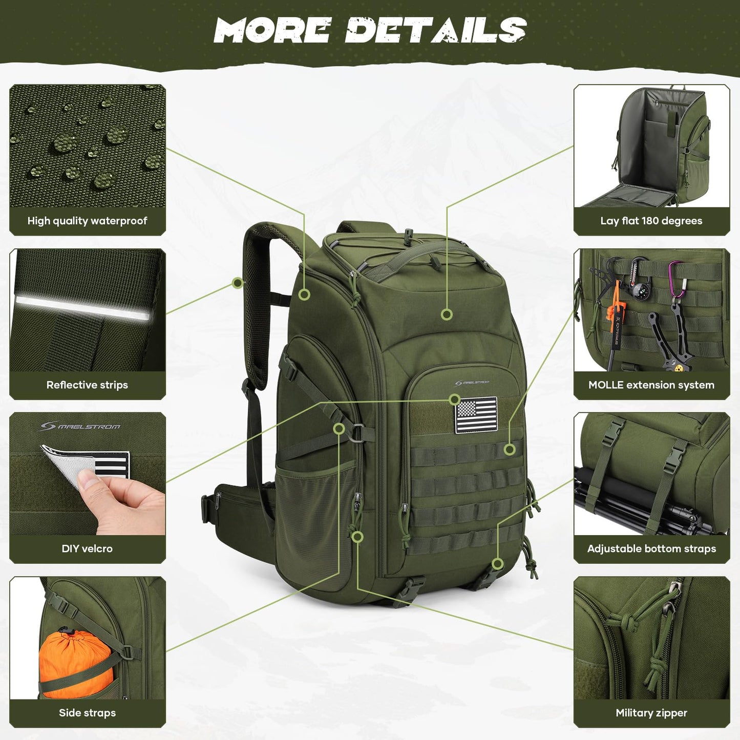Maelstrom Tactical Backpack for Men, Water Resistant 40L Military Backpack, for Hiking, Camping, Gym with Molle System (Khaki)
