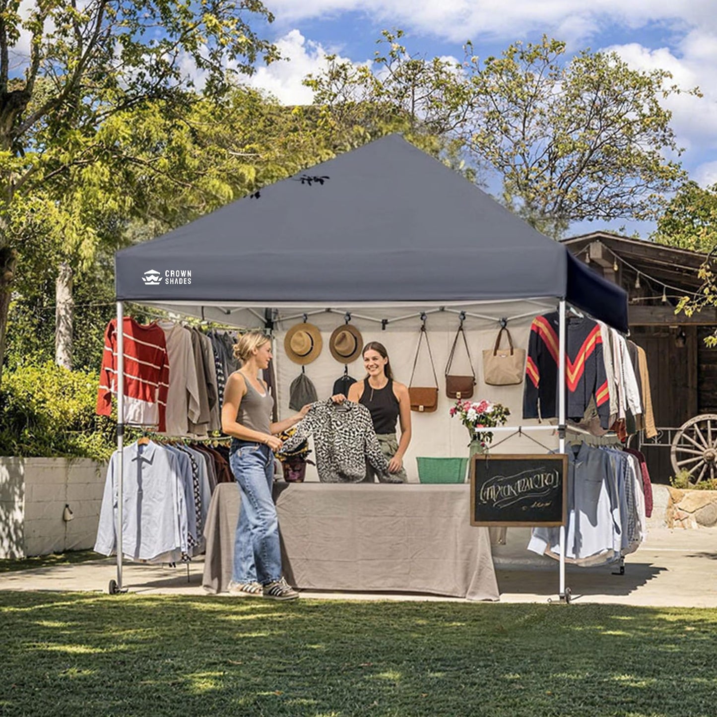CROWN SHADES 10x10 Pop Up Commercial Canopy Tent, Patented One Push Setup, Heavy Duty Vendor Tent, 1 Removable Sidewall, 4" Wheels, Sto'N Go Bag, 400D Silver Coated, UPF 50+ Waterproof, Blue