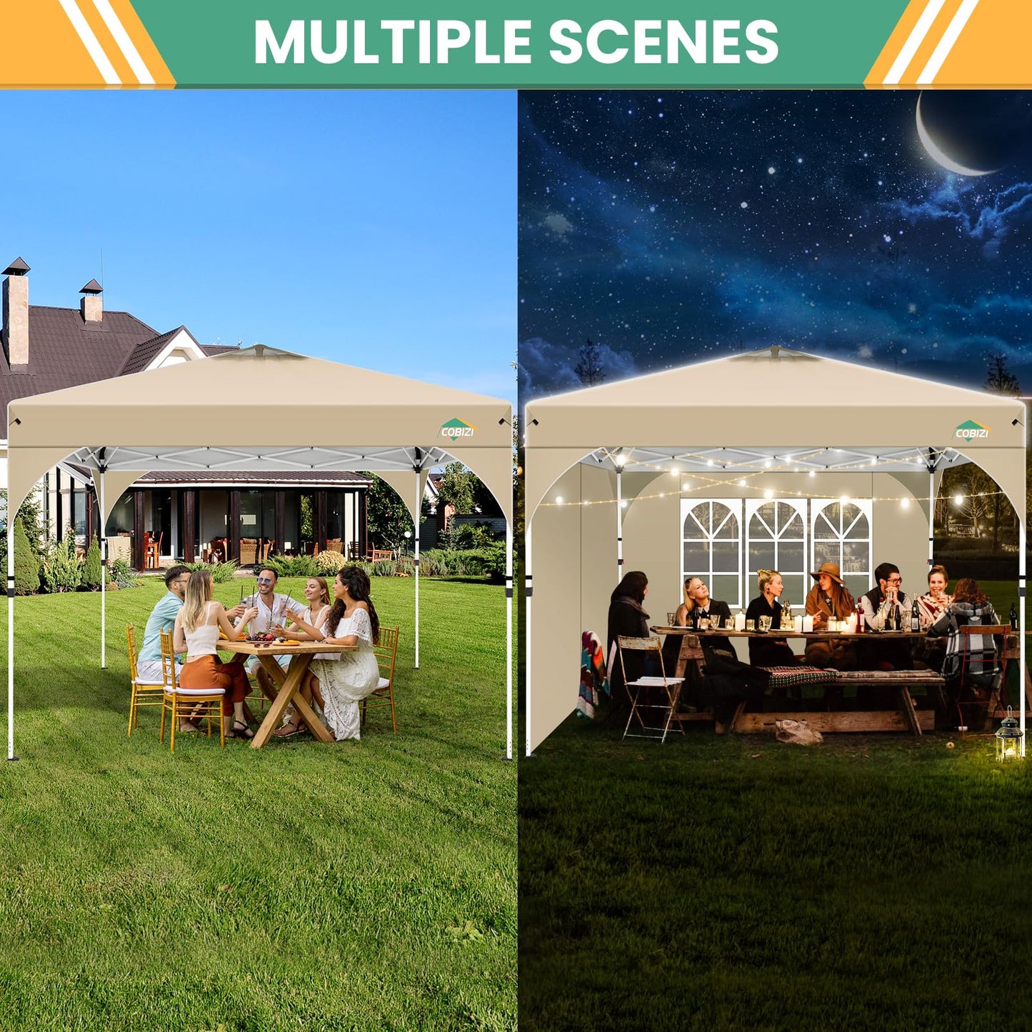 COBIZI 10x20 Pop Up Canopy Tent, Outdoor Party Tent with 4 Sidewalls, 1 Person Easy Set up, Tents for Parties with Fluorescent Strip & 4 Sandbags, Waterproof UPF50+, 3 Adjustable Height, Gray