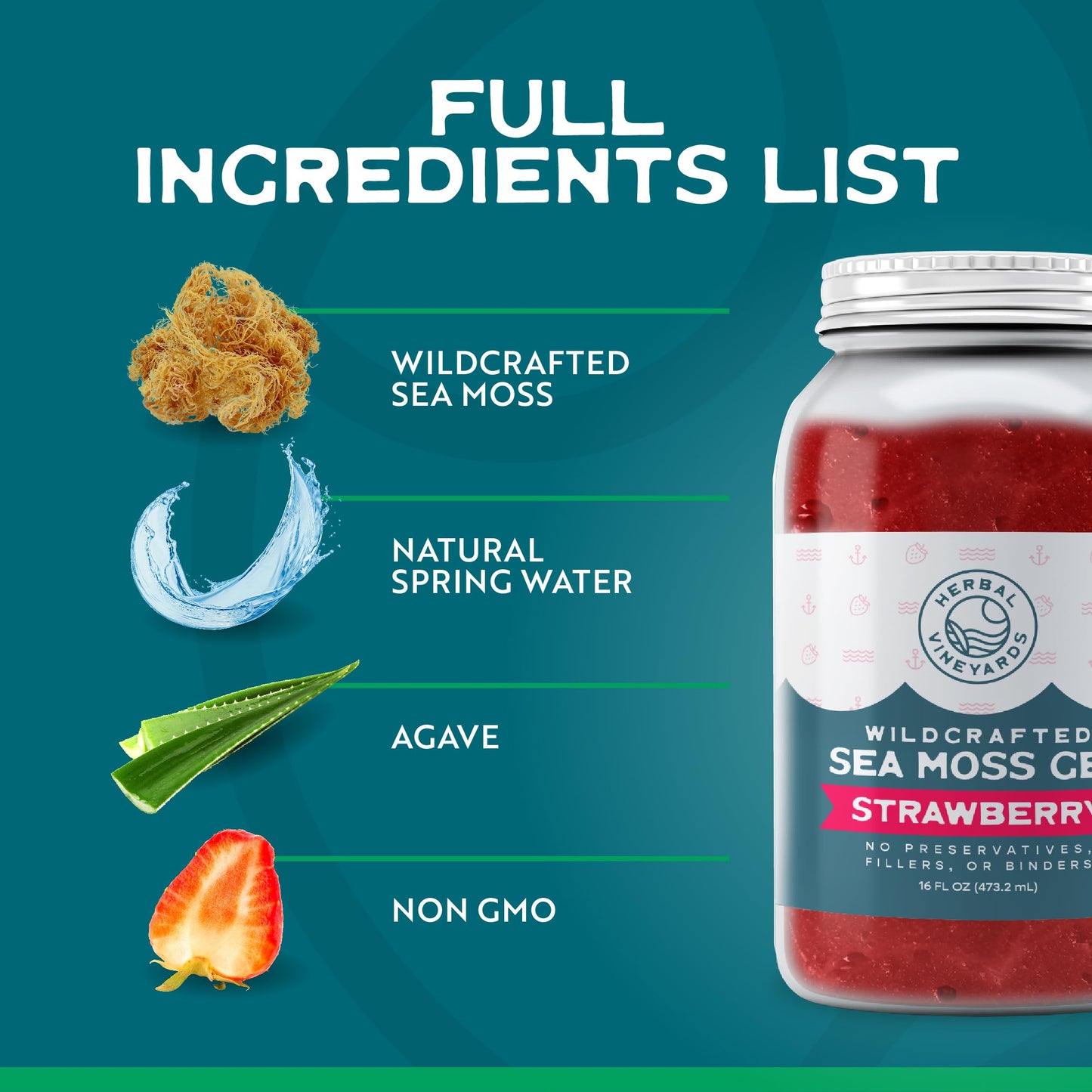 Herbal Vineyards Wildcrafted Irish Pineapple Sea Moss Gel 16 Oz - Organic Seamoss Gel Made with Dried Seaweed & Fresh Sea Vegetables, Natural & Plant-Based, Harvested in Pristine Waters, USA